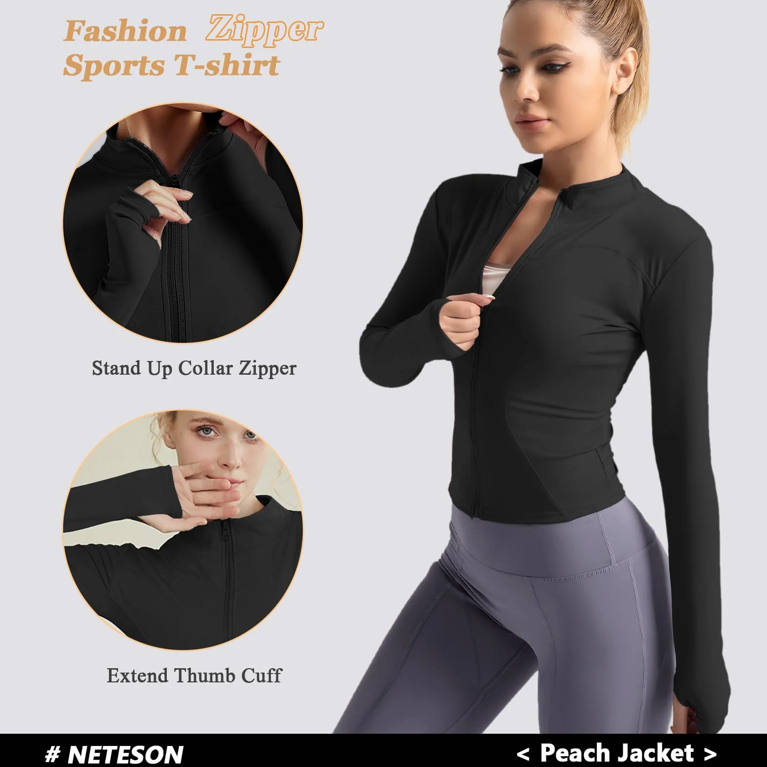 Koszulka damska z długim rękawem, sportowa koszulka sportowa, na siłownię, top fitness, lekka koszulka z długim rękawem, do biegania, z zamkiem błyskawicznym i otworem na kciuk, do jogi, golfa