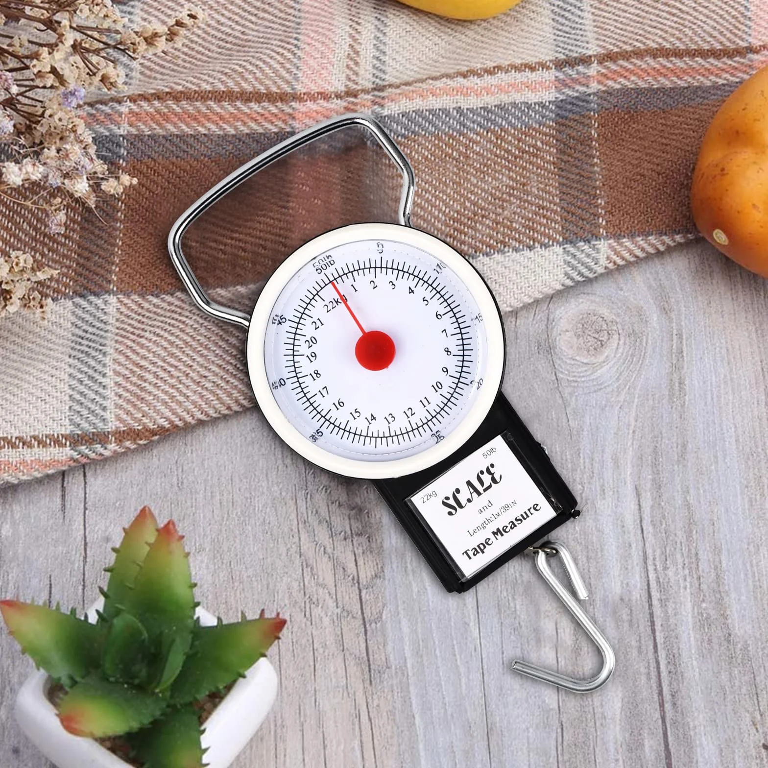 Waga sprężynowa, cyfrowa waga bagażowa z hakiem, bez baterii, waga bagażowa wraz z taśmą mierniczą 1 m, skala wskazówek, maksymalna waga 22 kg