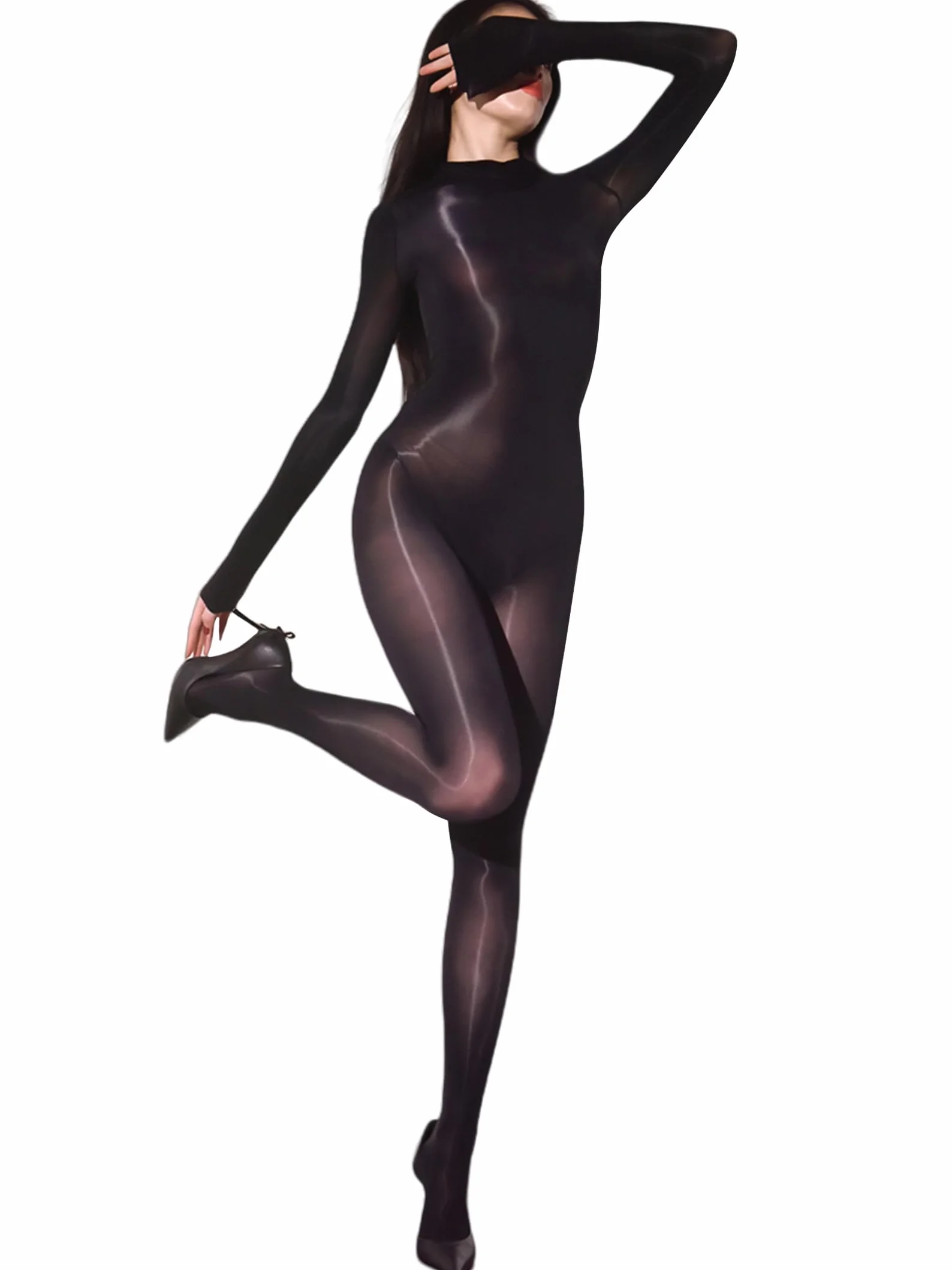 RUIBAVYA Bodystockings damskie błyszczące body damskie rajstopy na całe ciało, seksowny wysoki kołnierz, nylon