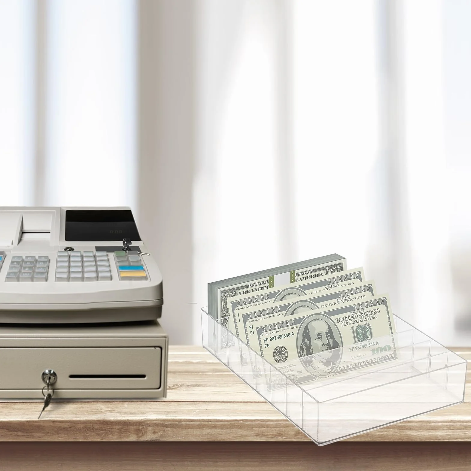 Akrylowy organizer na gotówkę, 8 przegródek, przezroczysty, zdejmowany schowek na pieniądze, taca, banknoty, pudełko do przechowywania kopert, 26 x 18 x 5,5 cm