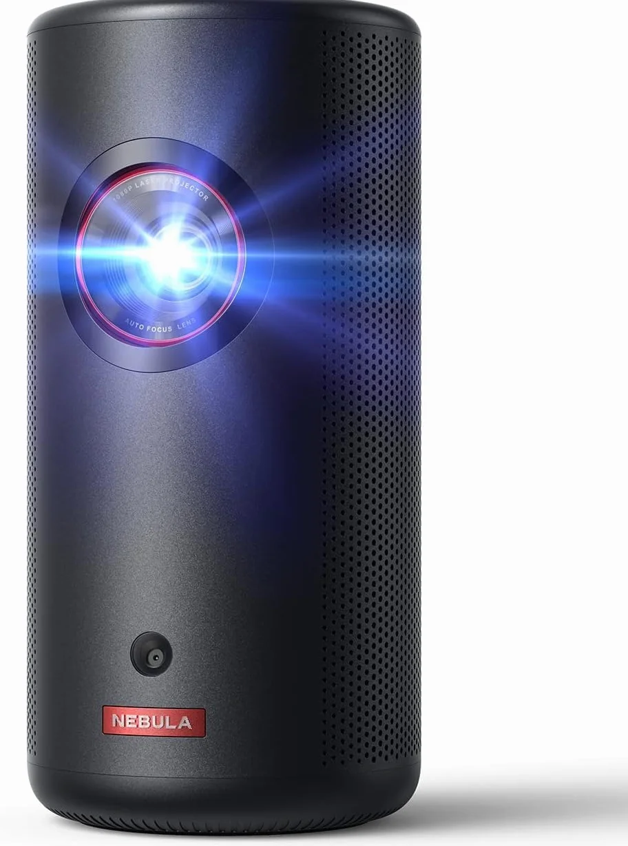 Projektor laserowy NEBULA Capsule 3 GTV, 300 lumenów ANSI, mini projektor Smart TV 1080p z Wi-Fi, mobilny do użytku na zewnątrz, Dolby Digital, projektor laserowy, autofokus, obraz 120 cali