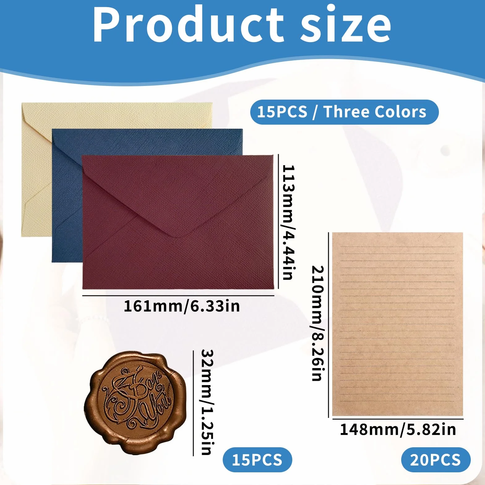 Vintage Papeteria 50 sztuk - Koperty lniane 15 sztuk, papier listowy A5, 20 sztuk, naklejki 15 sztuk - zestaw na kartki z życzeniami i zaproszeniami retro
