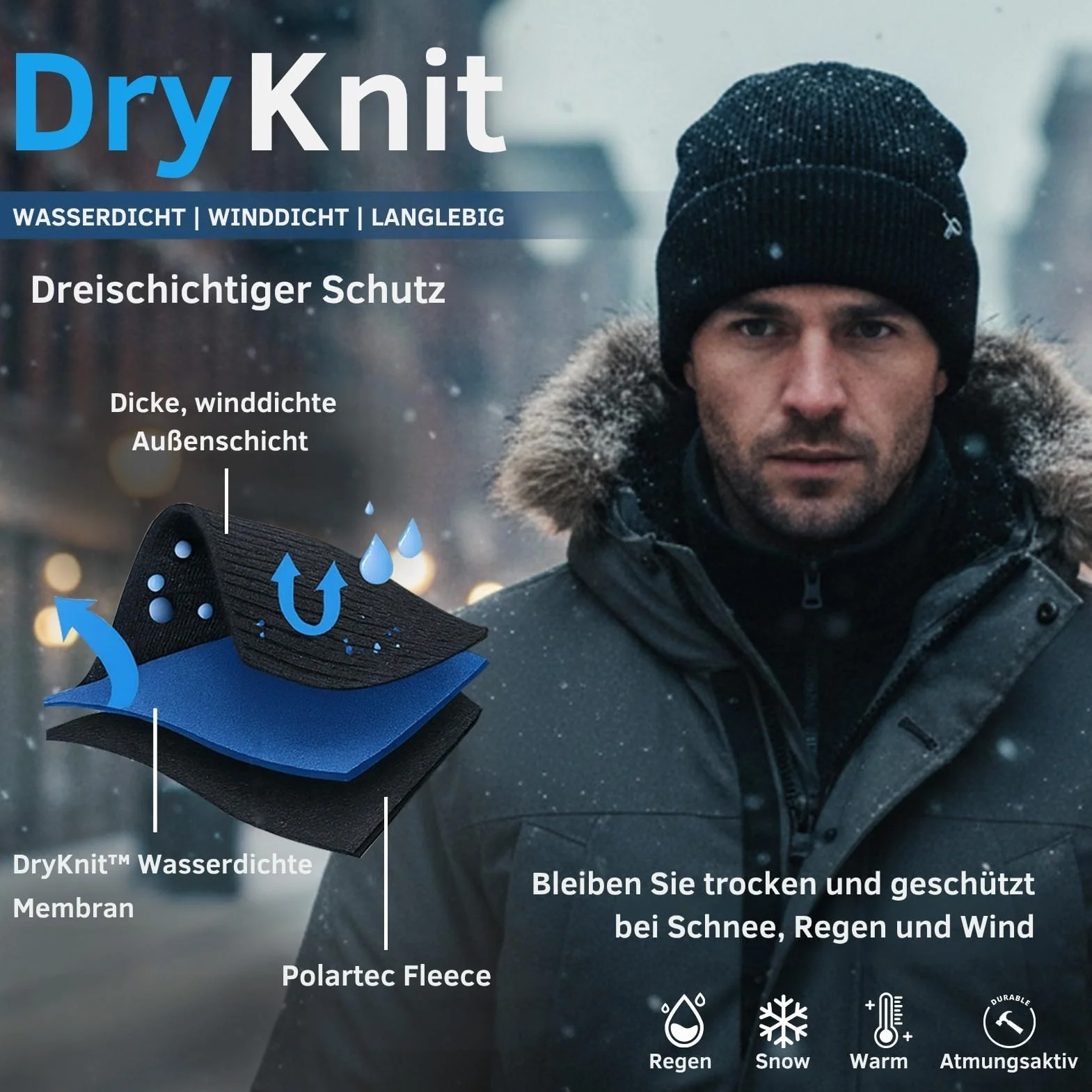 TOP-EX Wodoodporna czapka beanie męska damska czapka beanie z wełny merynosów ciepła czapka zimowa z podszewką polarową na zimną i mokrą pogodę, wiatroszczelna i ciepła i rozciągliwa