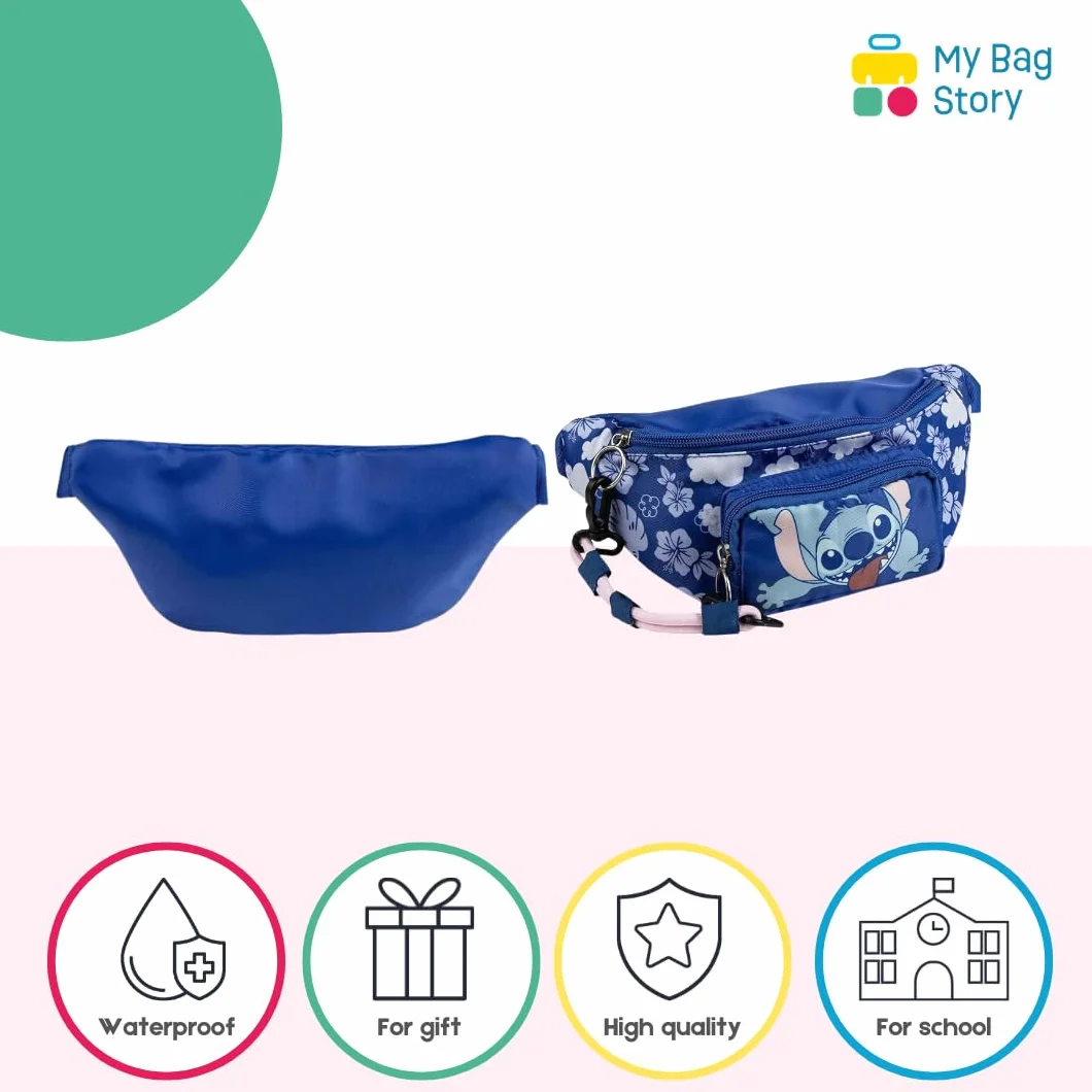 mybagstory | Stitch Bananowa torba dla dzieci i nastolatek | Niebieska kieszeń na pasek Disneya | Regulowana torba na ramię dla dziewczynek i chłopców, idealna sportowa torba na podróż do szkoły, 23 x