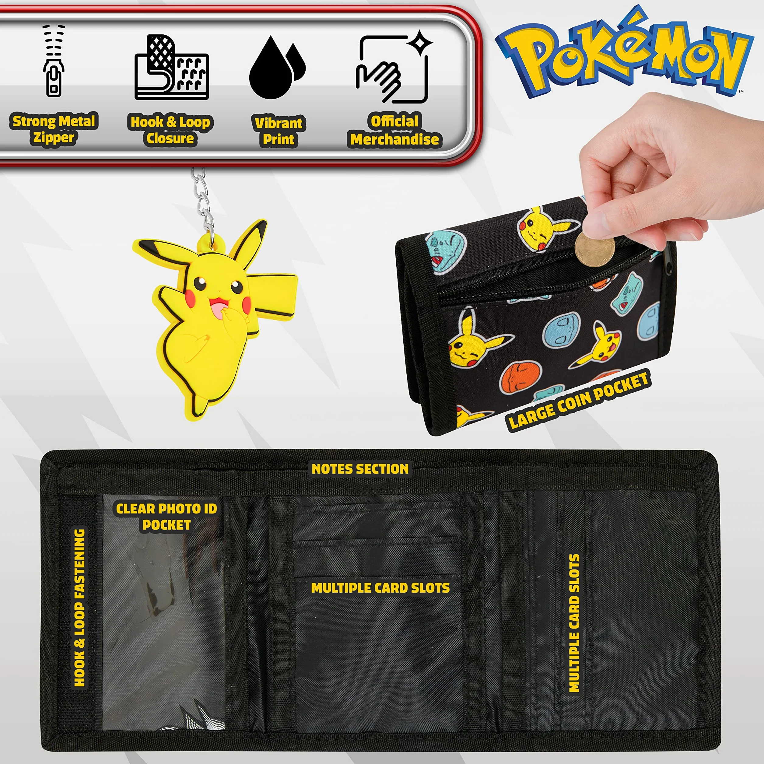 Pokemon Portfel dla dzieci, nastolatków, anime, potrójnie składany, płócienny portfel z kieszonką na dowód osobisty, portmonetką i brelokiem, Pikachu, zestaw upominkowy do podróży, aktywności na