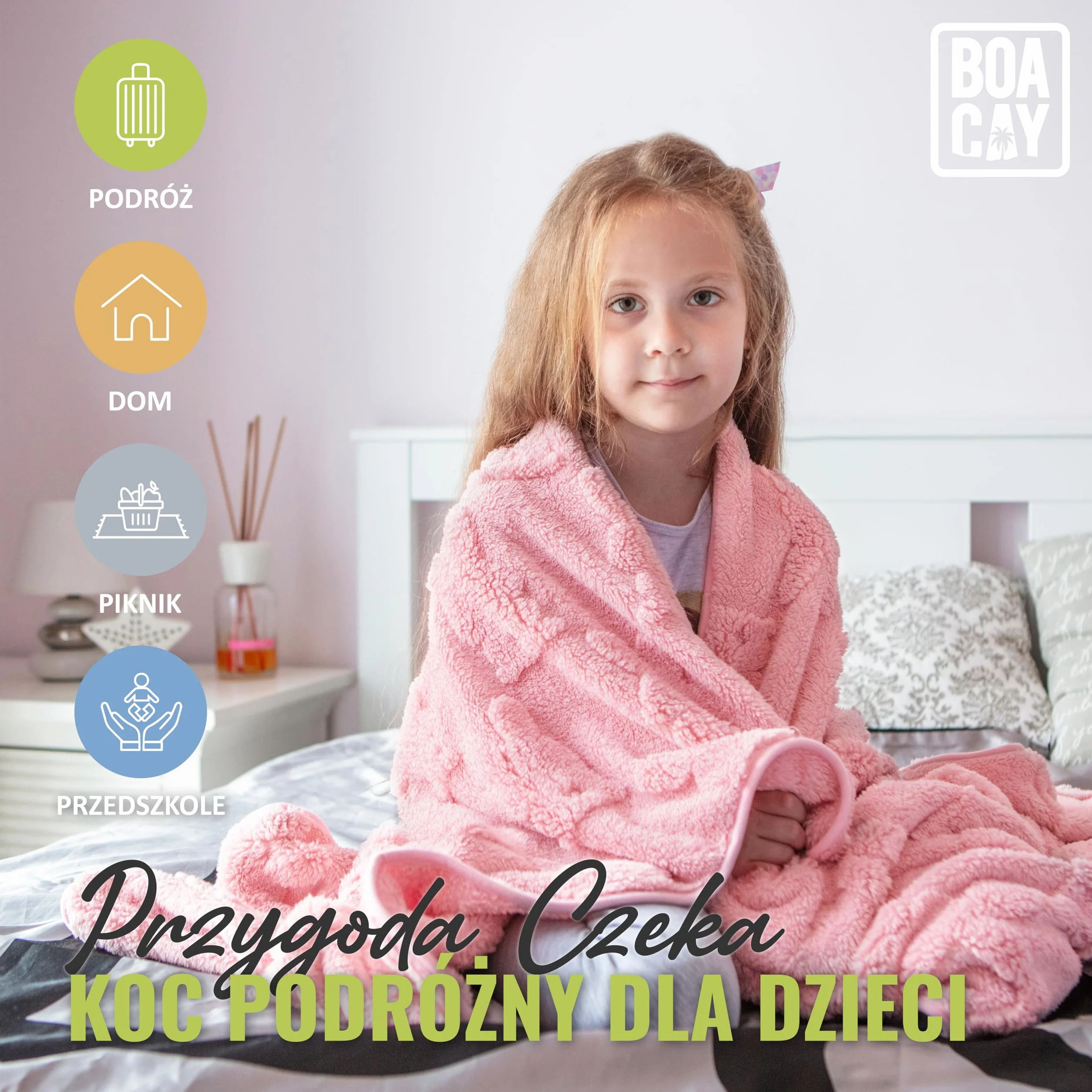 BOACAY Podróżna Kocówka Dla Maluchów do Użytku w Samolocie, Samochodzie - Miękki Koc na Rzucanie dla Dzieci na Opiekę Dziennej - Poduszka dla Dziewczynek, Chłopców z Klipem na Plecak, Rękaw na Bagaż