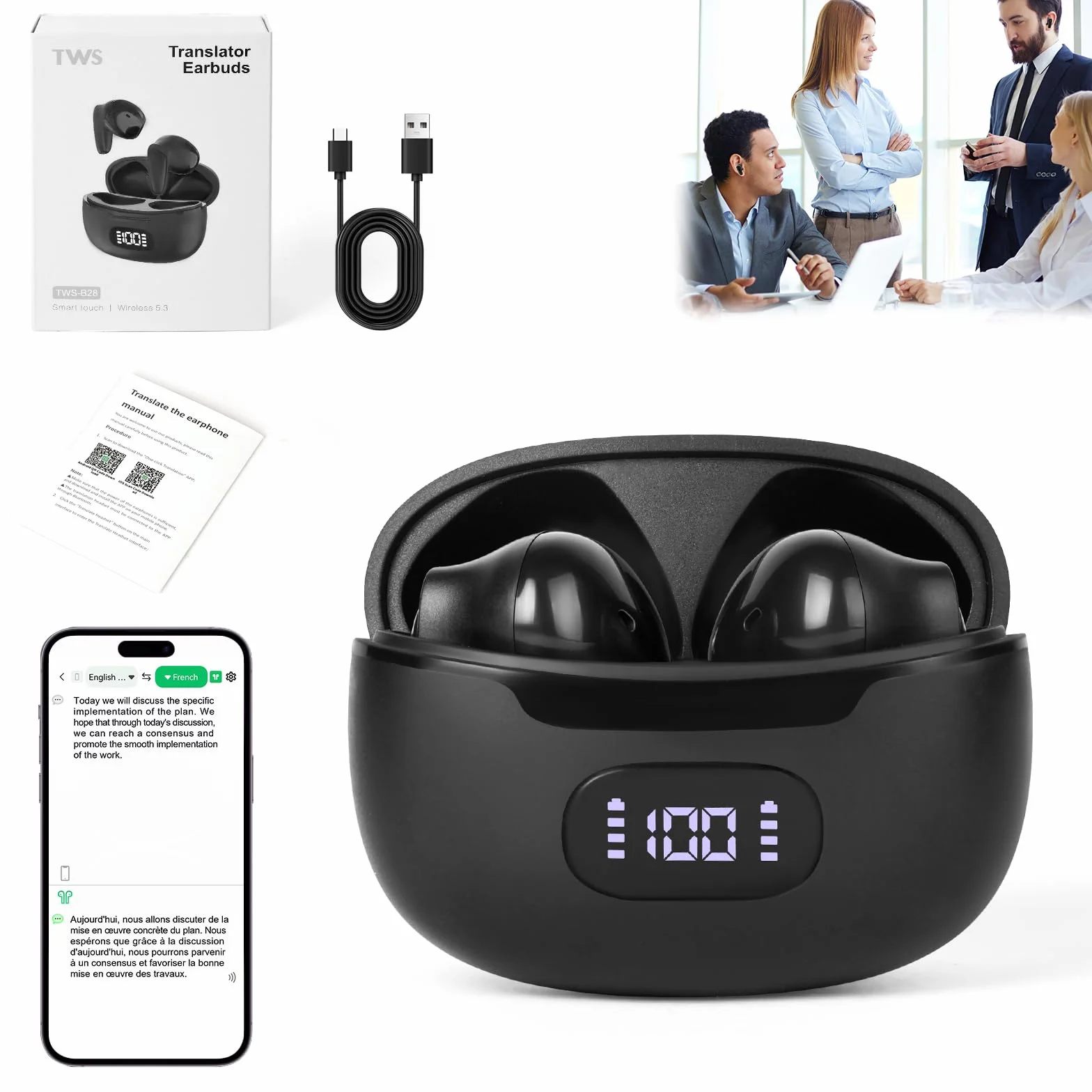 Ainiv AI Słuchawki do tłumaczenia błyskawicznego, 144 języków w czasie rzeczywistym, 3 w 1, słuchawki do tłumaczenia Bluetooth 5.3, obsługa połączeń muzycznych, do podróży, nauki, pracy