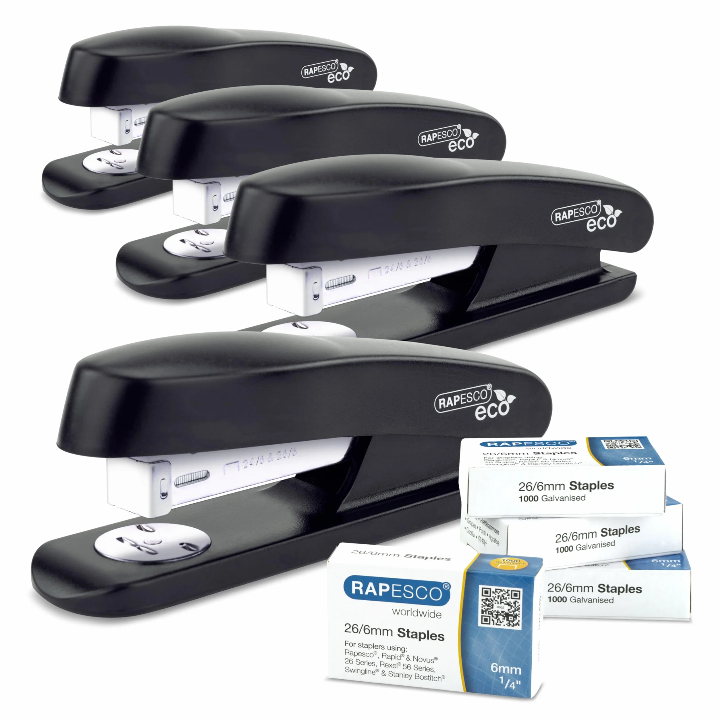Rapesco Pakiet biznesowy 1756: 4 zszywacze ECO Half Strip i 4 pudełka po 1000 zszywek 26/6 mm, pojemność 20 arkuszy, czarny
