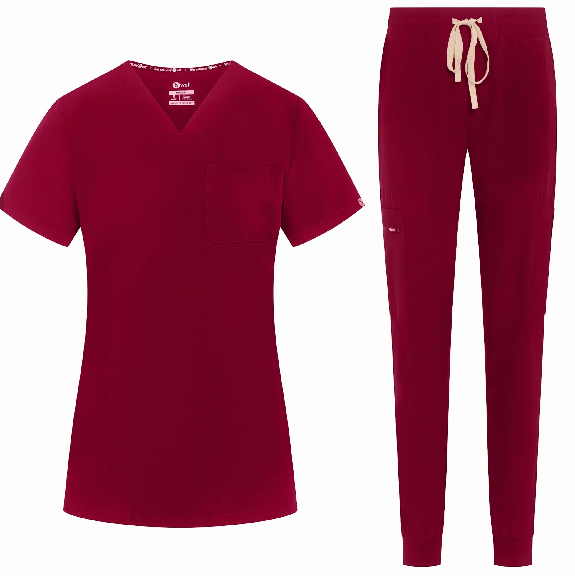 B-well Naomi Damen-Schrubb-Set Schlupfkasack + Schlupfhose Set Medizin Arzt Uniform Schlupfjacke Oberteil mit Hose Medizinische Berufsbekleidung mit Elastan (Burgund, L)