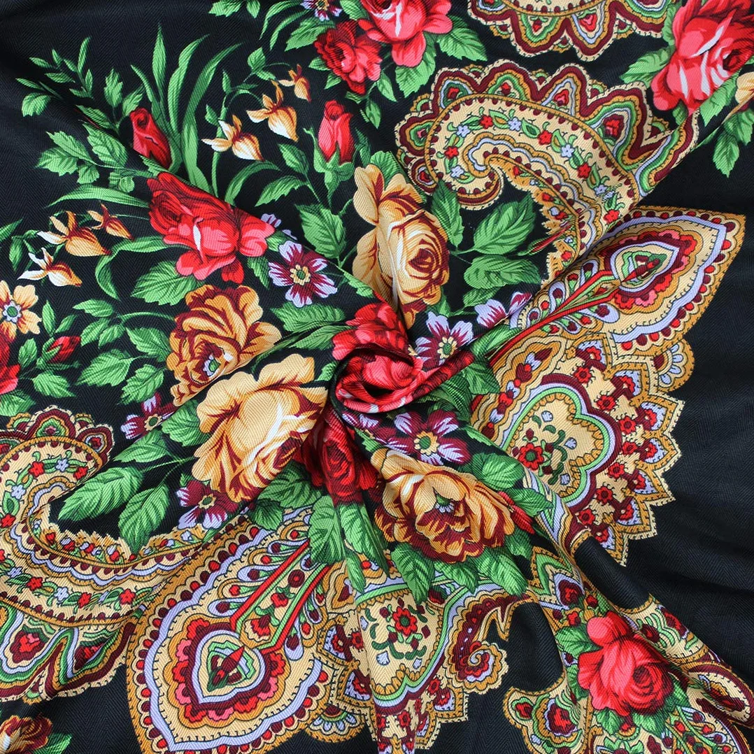 Gudessly Tradycyjny szal z frędzlami, damski, na głowę i szyję, w stylu retro, szalik kwiatowy, w formie poncho, z nadrukiem