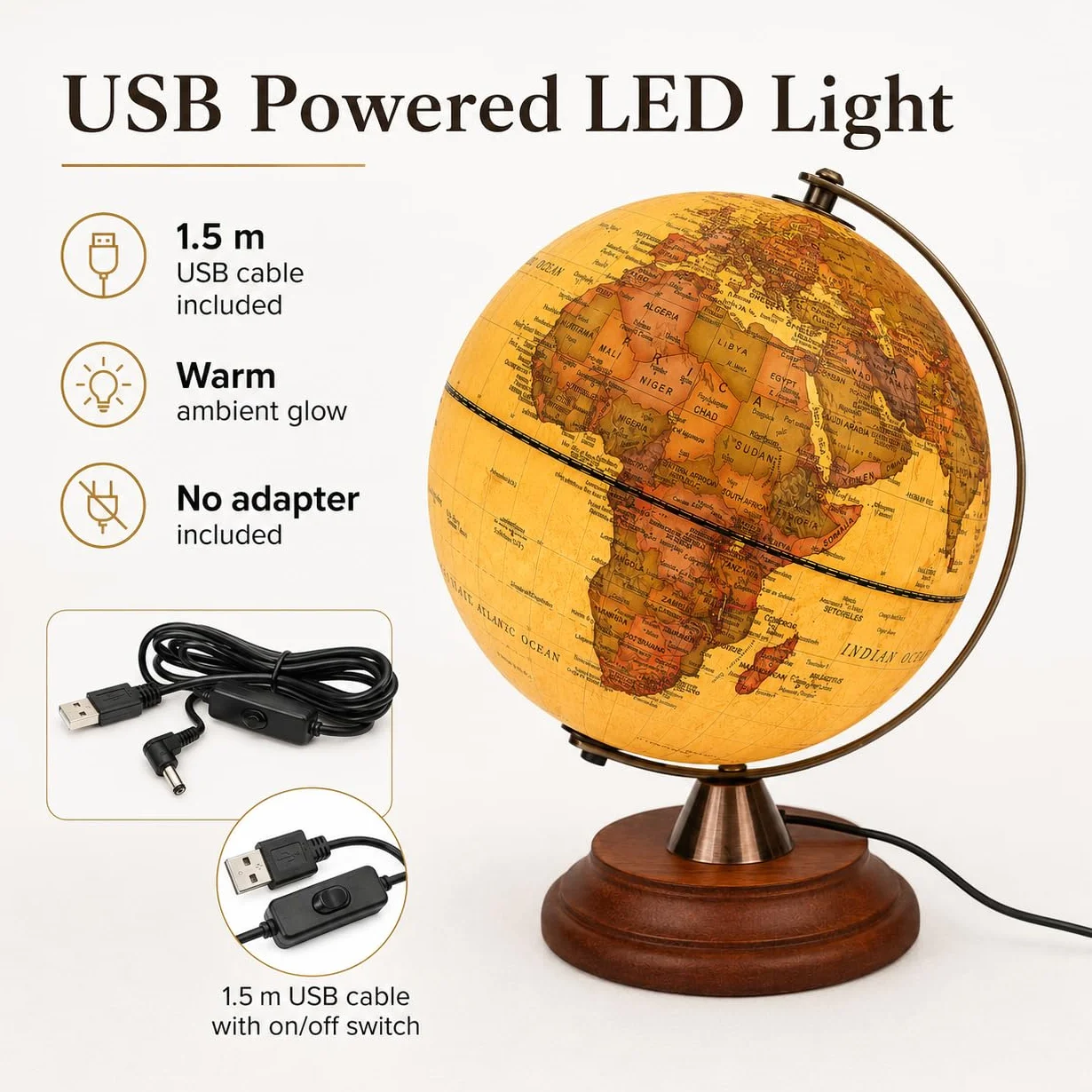 Exerz Podświetlany globus świata 20 cm antyczny globus drewniany stojak metalowy łuk - 2 w 1 świecąca lampa LED kula ziemska - dzień i noc dekoracja domu dla dzieci biuro kula biurkowa