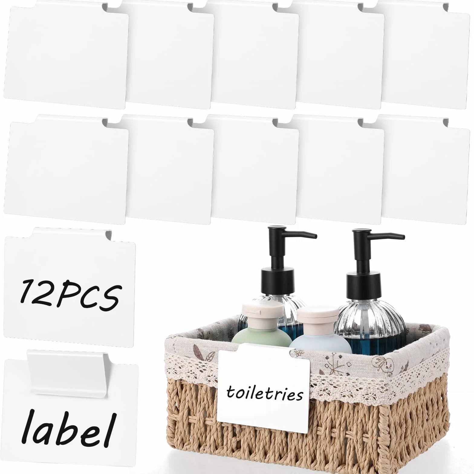 12 szt. białych etykiet do kosza z klipsem, etykiety PCW, zdejmowane, plastikowe pojemniki do przechowywania, etykieta, klips kuchenny, uchwyt na etykiety, klipsy do kosza, do spiżarni, pudełka