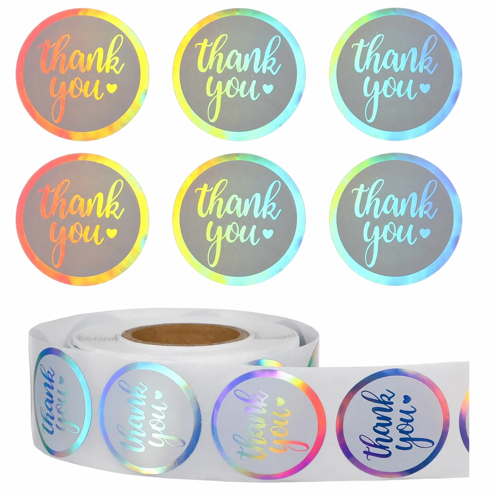 Nogeqi 1000 sztuk naklejek "Thank You", 2,5 cm, holograficzne, okrągłe, z podziękowaniami, samoprzylepne, w rolce, z podziękowaniami, do pakowania, pieczenia, torebek prezentowych, koperty