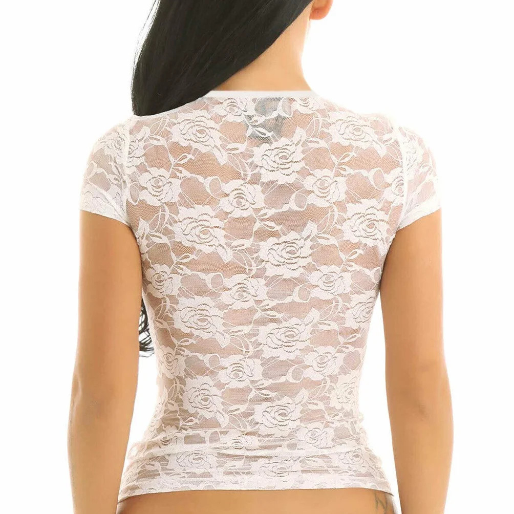 Uwodzicielski top damski, przezroczysta koronka, bluzka, krótkie rękawy, elegancki design z siateczki, seksowna bielizna damska
