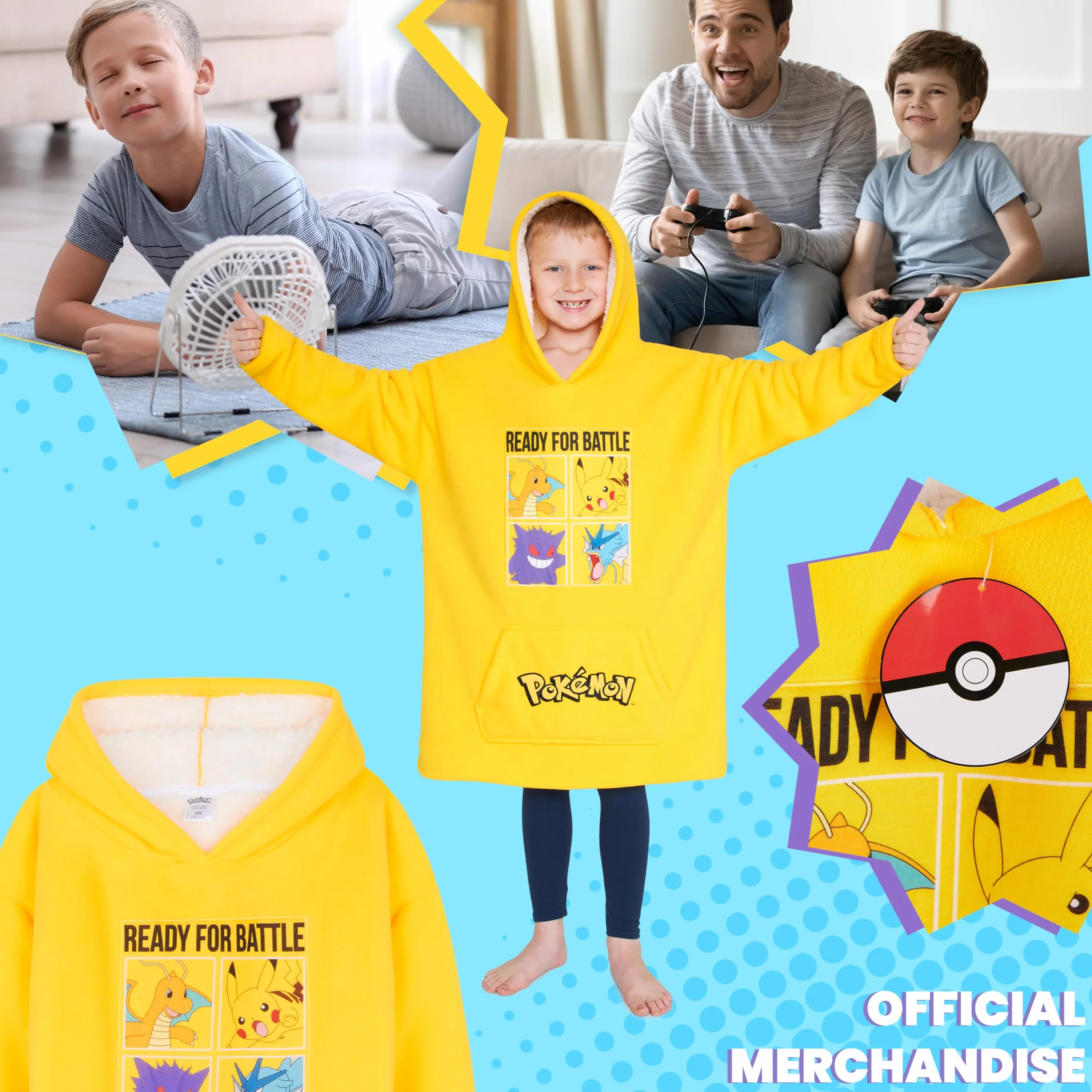 Pokemon Koc z polaru z kapturem dla dzieci i młodzieży - Dziecięca bluza oversize w jednym rozmiarze z podszewką Sherpa Prezenty dla dzieci (żółty)