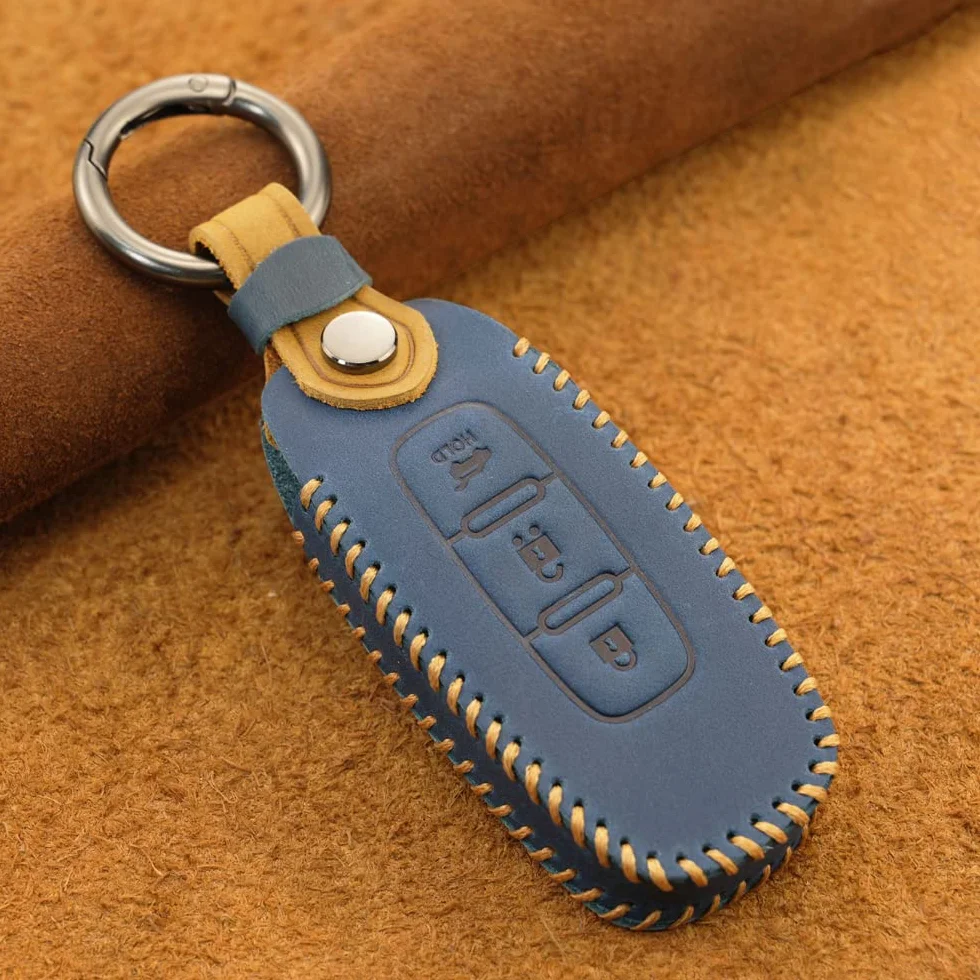 KUNIO Etui na klucze pasuje do Nissan Altima Teana Qashqai J12 Ariya B6 B9 X-Trail T33 Pathfinder Rogue 2022/2023, etui na kluczyki samochodowe, skórzane, etui na klucze, 3 przyciski, niebieskie