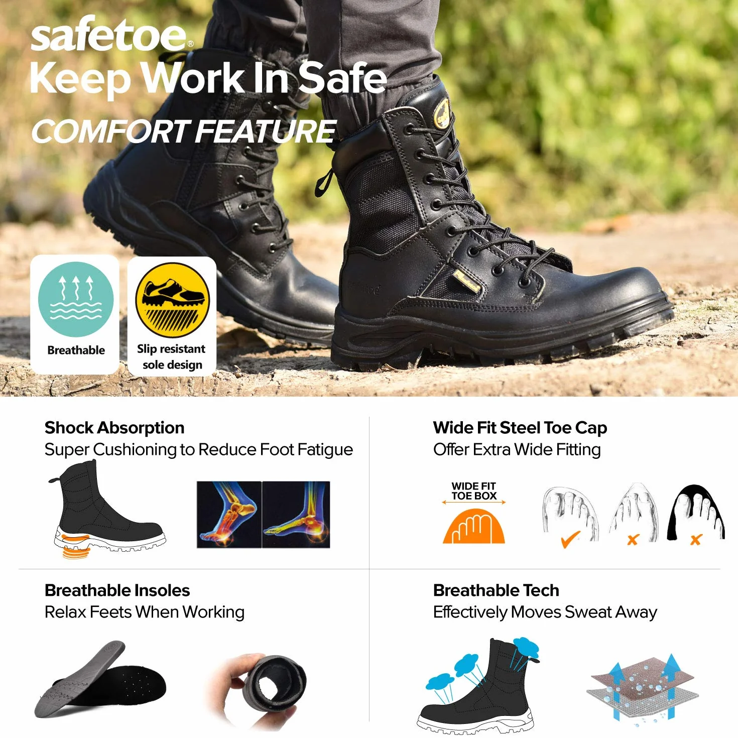 SAFEYEAR S3 wojskowe męskie buty robocze, czarne, wytrzymałe buty ochronne do armii bojowej, szeroki krój 4E, stalowy nosek, wodoodporna skóra naturalna, sznurowane miejsce taktyczne, ochrona