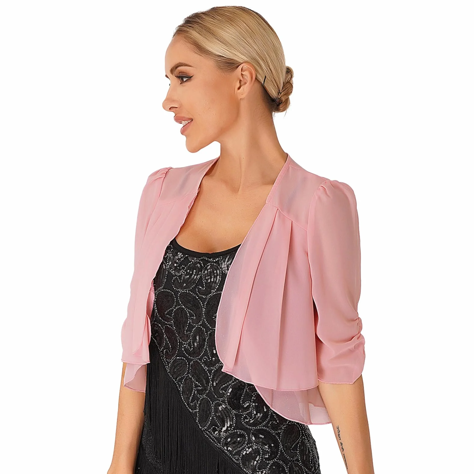 dPois Damskie bolerko, eleganckie szyfon, kurtka na ramię, kardigan, półrękawy, z falbankami, otwarte, świąteczne, na wesele, imprezę, do sukienek