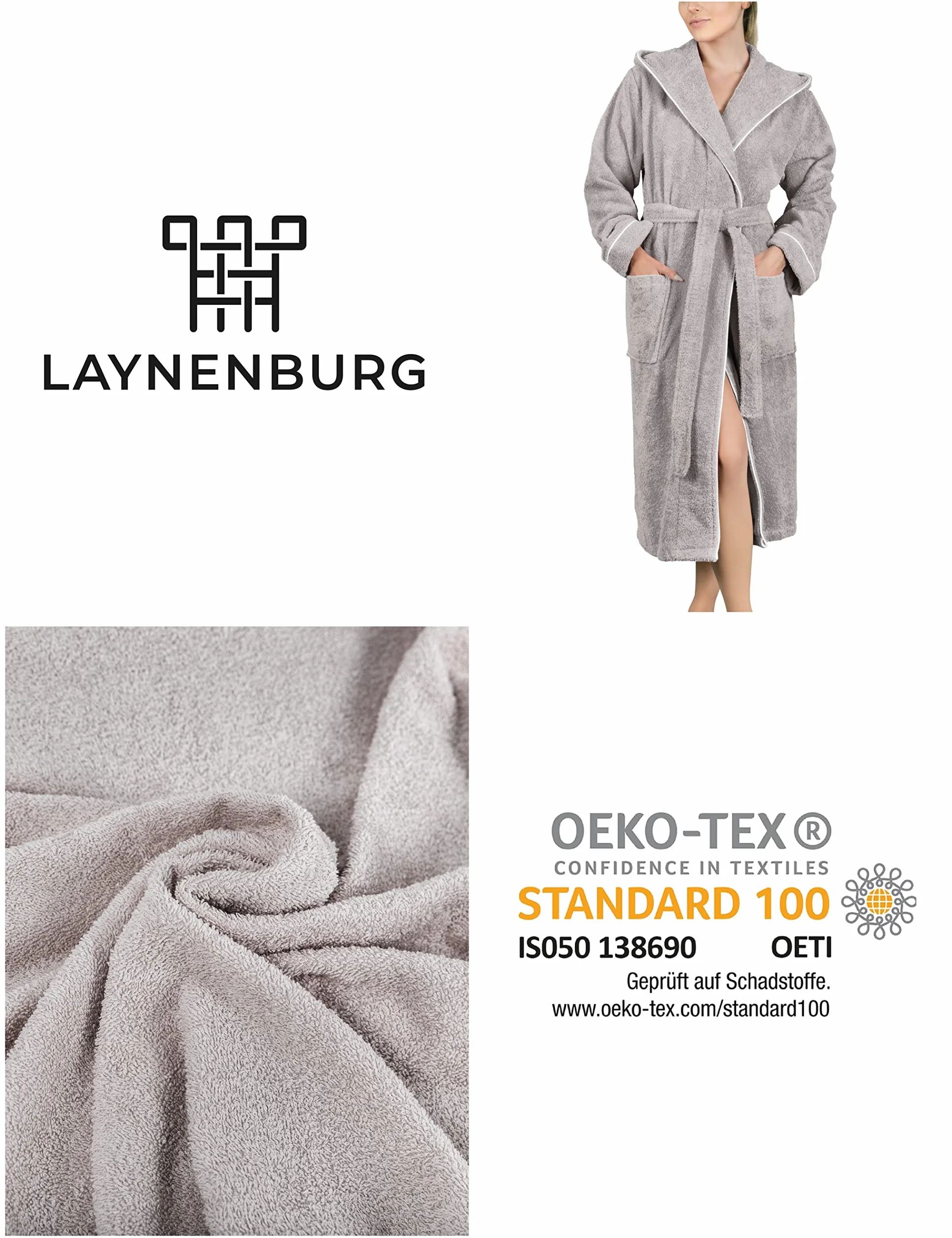 LAYNENBURG Damski szlafrok frotte - kaptur - długi - 100% bawełna (380g/m2) - OEKO TEX Standard 100 - rozmiar S, M, L, XL, XXL, 3XL