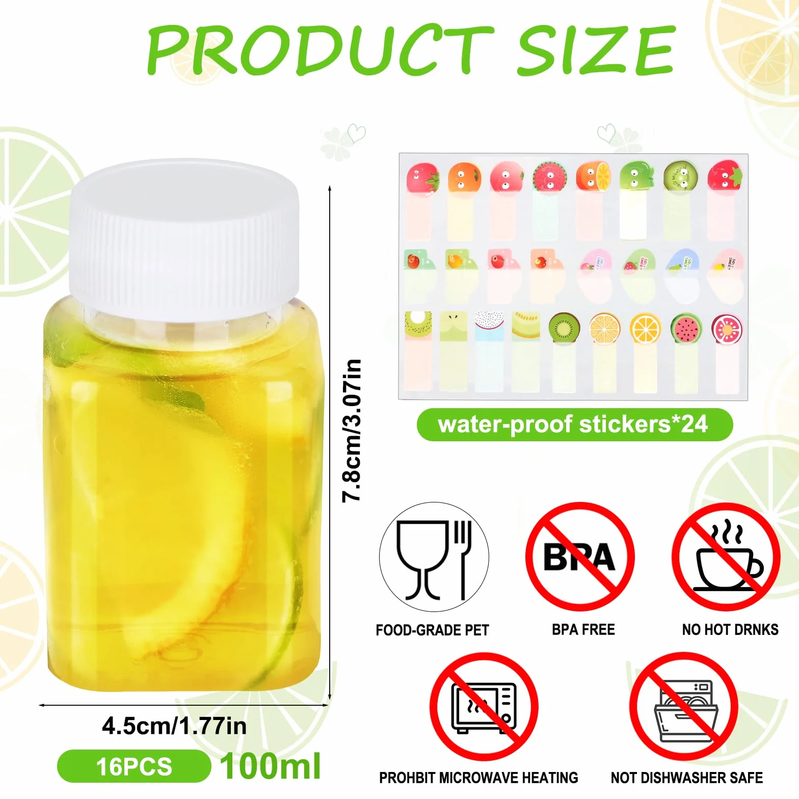 16 sztuk butelka do shot, 100 ml, plastikowe, napełniać sok, mini butelka z naklejką