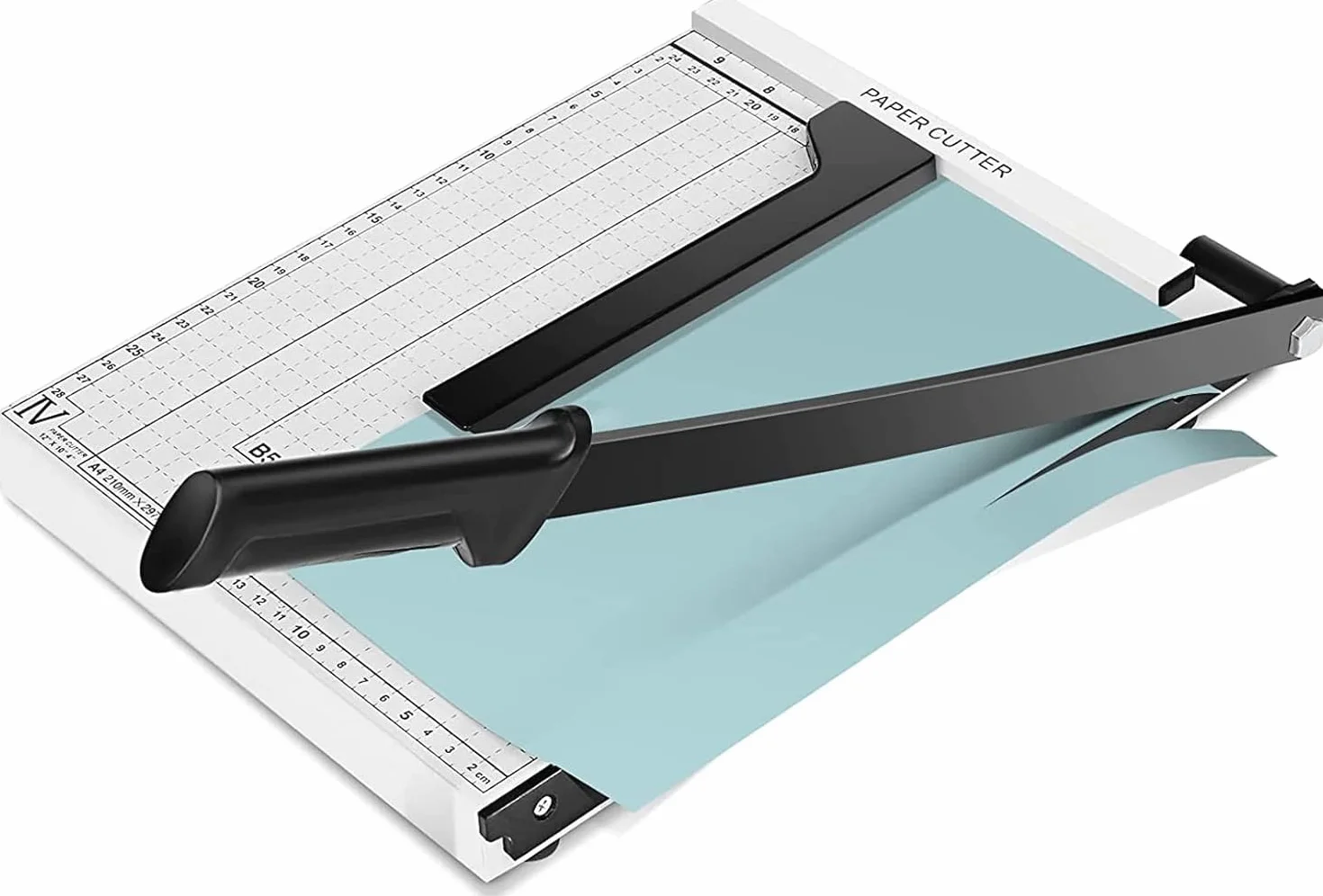Przecinarka do papieru A3-B7, 300-485 mm, długość cięcia, gilotyna, do kartonu, metalowa podstawa, z blokadą ostrza bezpieczeństwa i podwójną prowadnicą, pojemność 10-12 arkuszy (biała, 300 mm)
