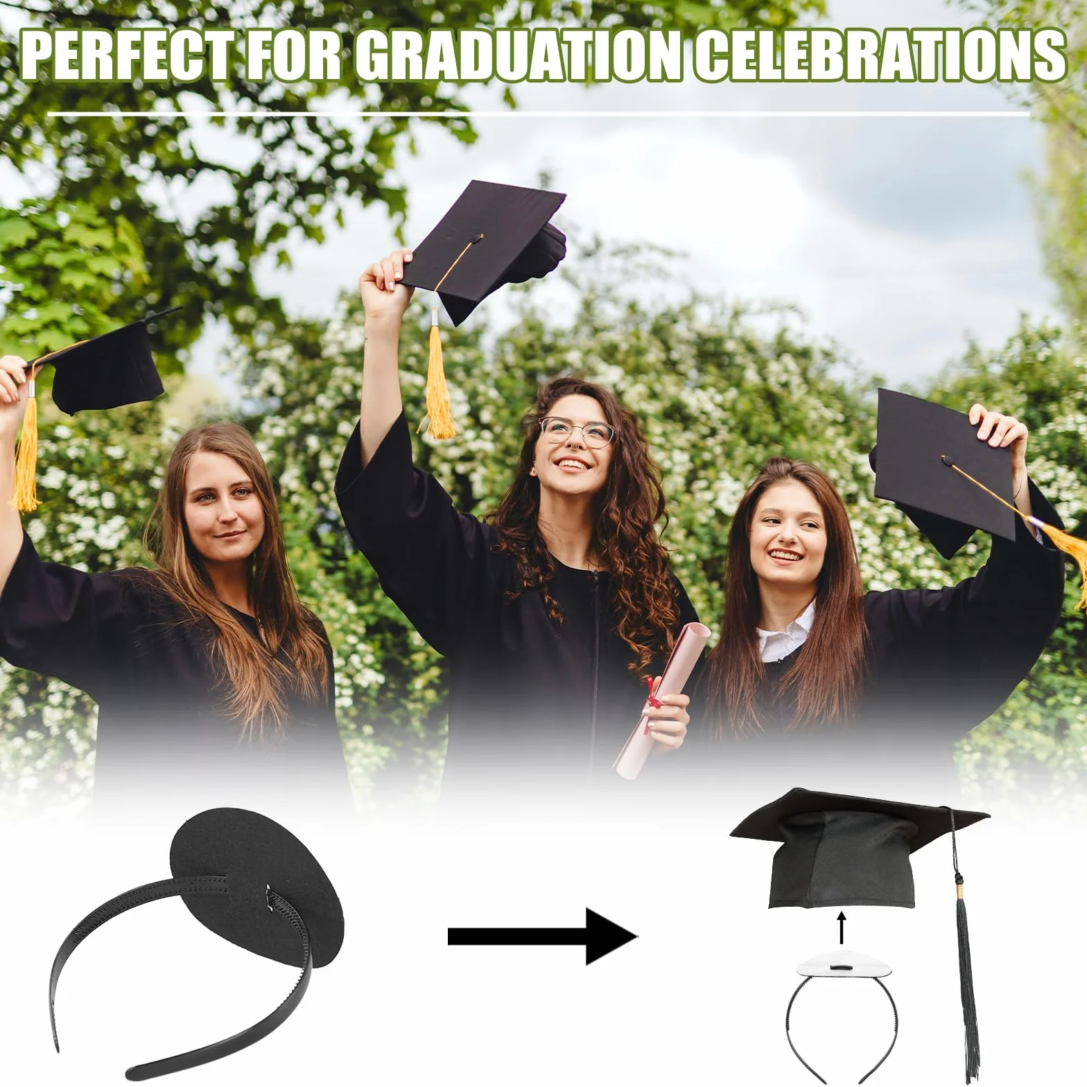 Opaska na Glowe Z Filcowa Podkladka, Czarna Mocna Antyposlizgowa Opaska na Glowe, Akcesoria Czapek Z Podzialka Dla Absolwentów Studenci Bachelor Master Doctor (Czapka Absolwenta Nie Jest Dolaczona)