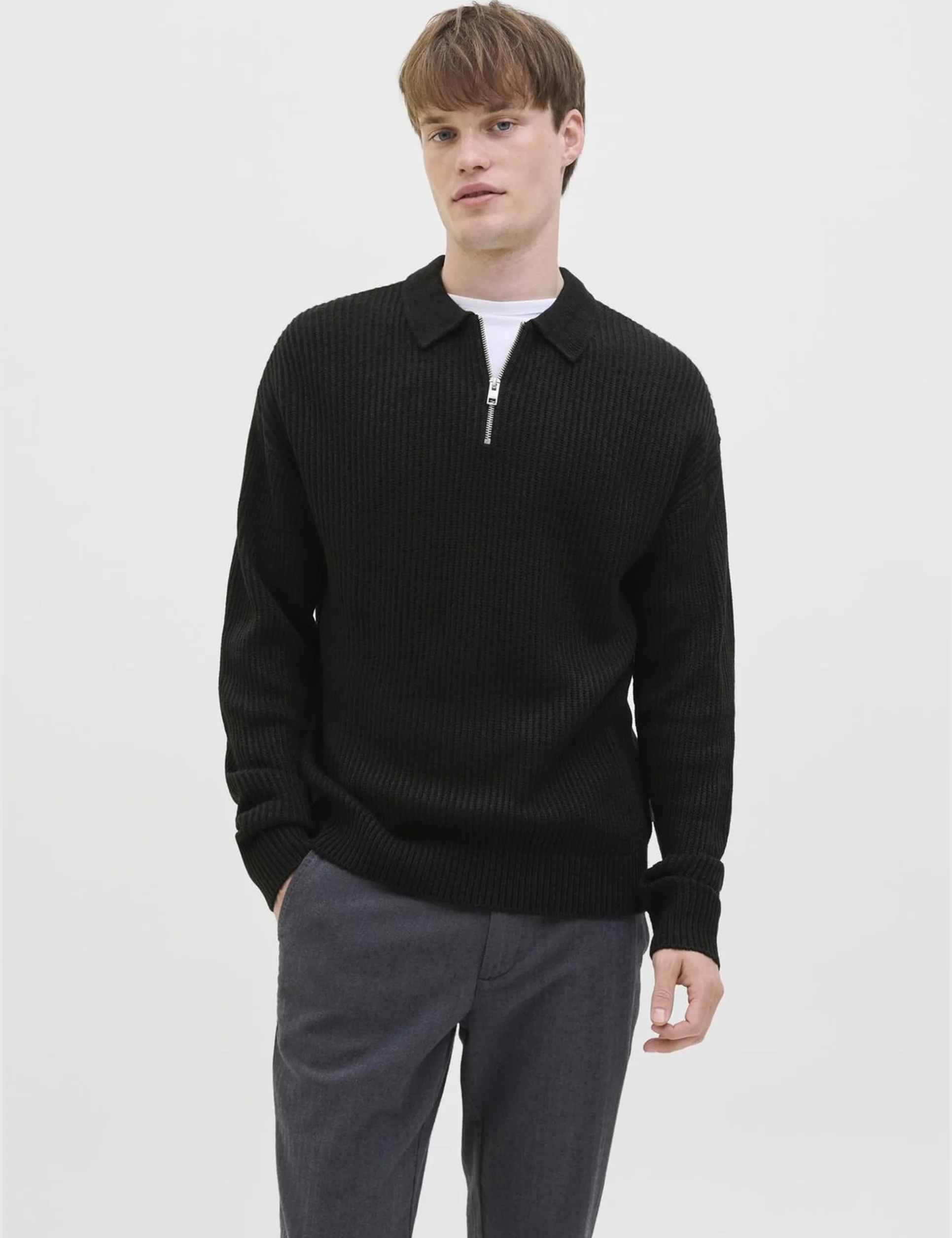 JJ rebel Męskie spodnie Jreblogan Knit Zip Polo Ls, czarny, L