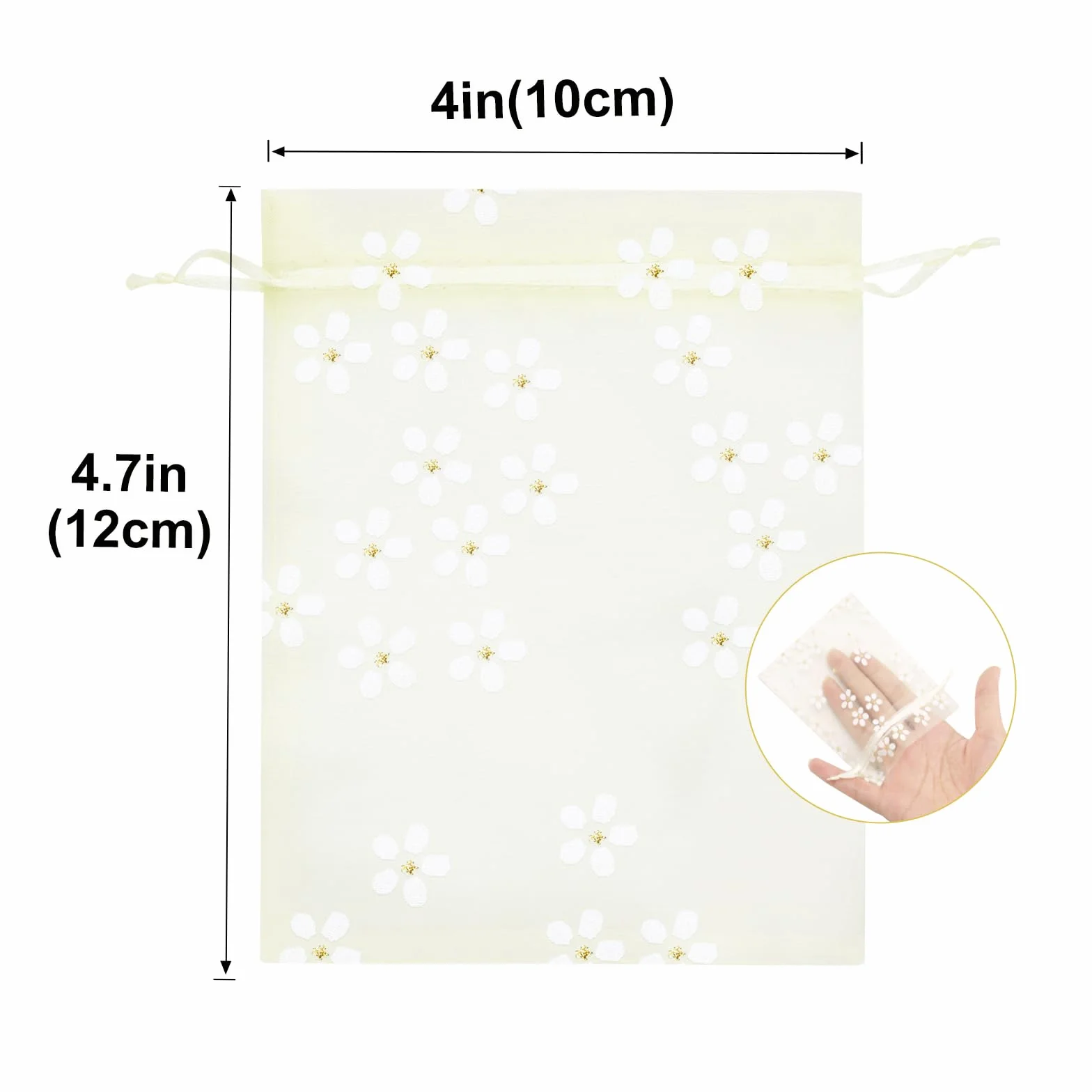 G2PLUS Beżowa torebka z organzy ze stokrotkami: Woreczek z organzy 10 x 12 cm, 30 sztuk torba na biżuterię idealna na drażetki, wesela, chrzciny i urodziny
