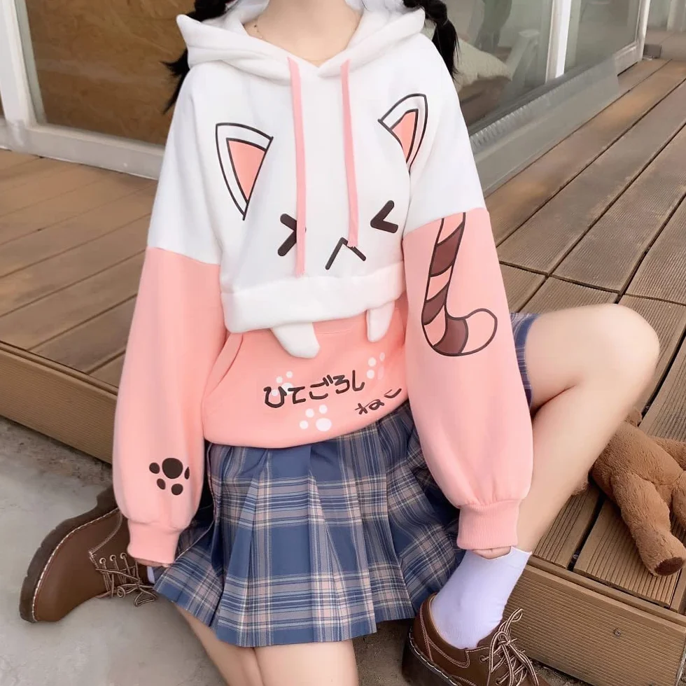 Himifashion urocza bluza z kapturem nastolatki kawaii nadruk kota sweter z kapturem topy plus aksamitna bluza luźne ciepłe bluzy z kapturem, różowy, Rozmiar uniwersalny