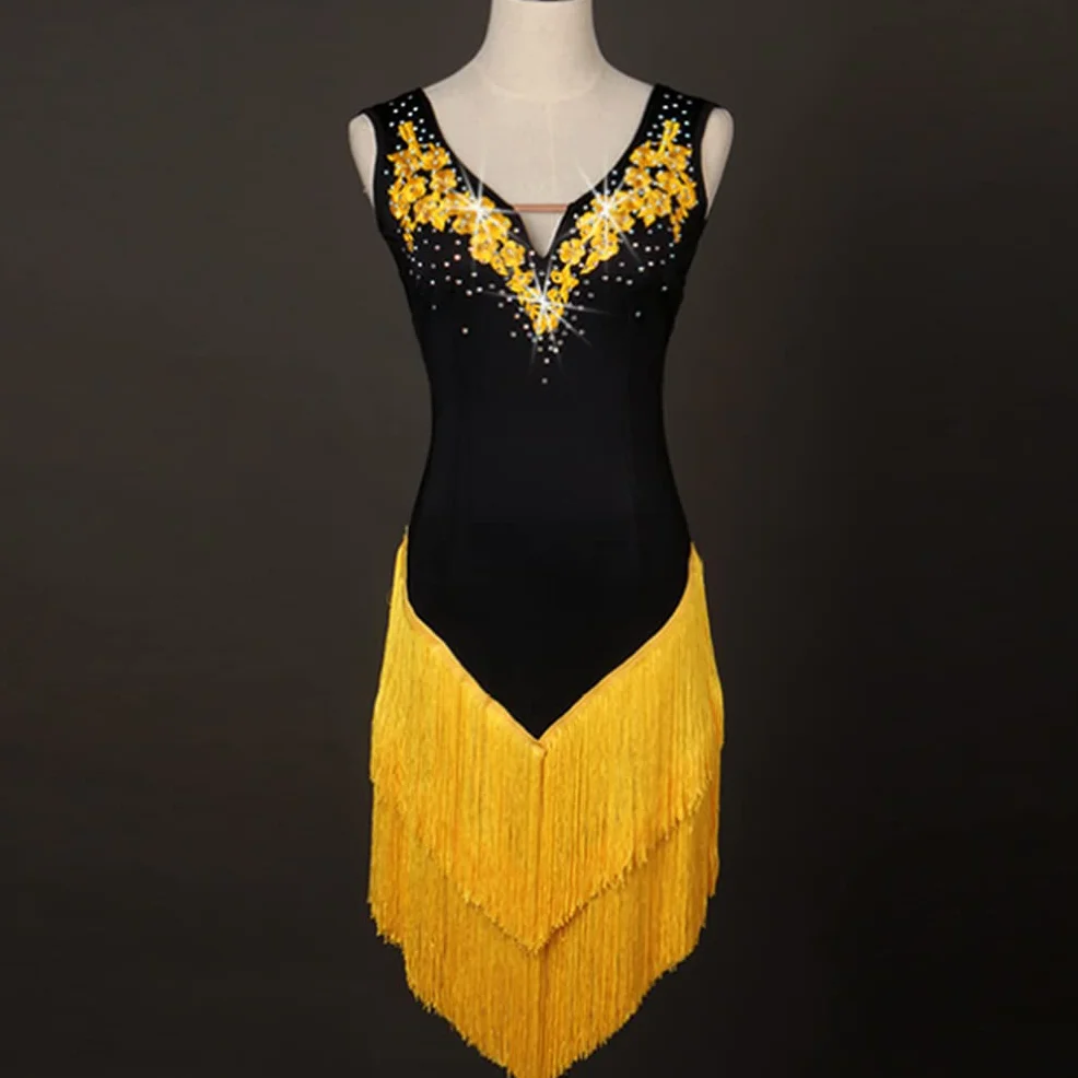 Damskie Tassel Latin Dance Costume haft haft cha cha tango trening spódnica taneczna sala taneczna sukienki bez rękawów praktyka tańca strój