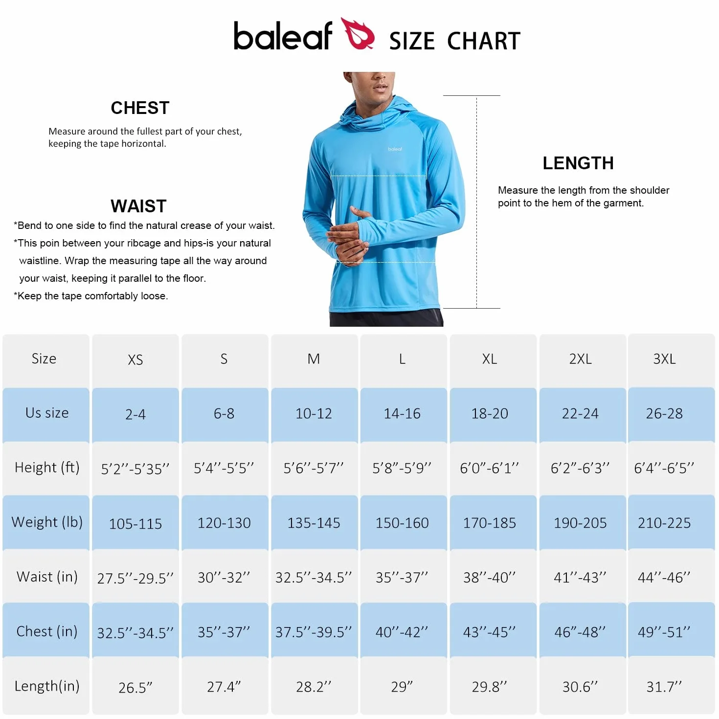 BALEAF Rashguard męska koszulka UV z długim rękawem UPF 50+ bluza z kapturem, lekka, z otworem na kciuk, do biegania, surfowania, wędkowania, wędkowania