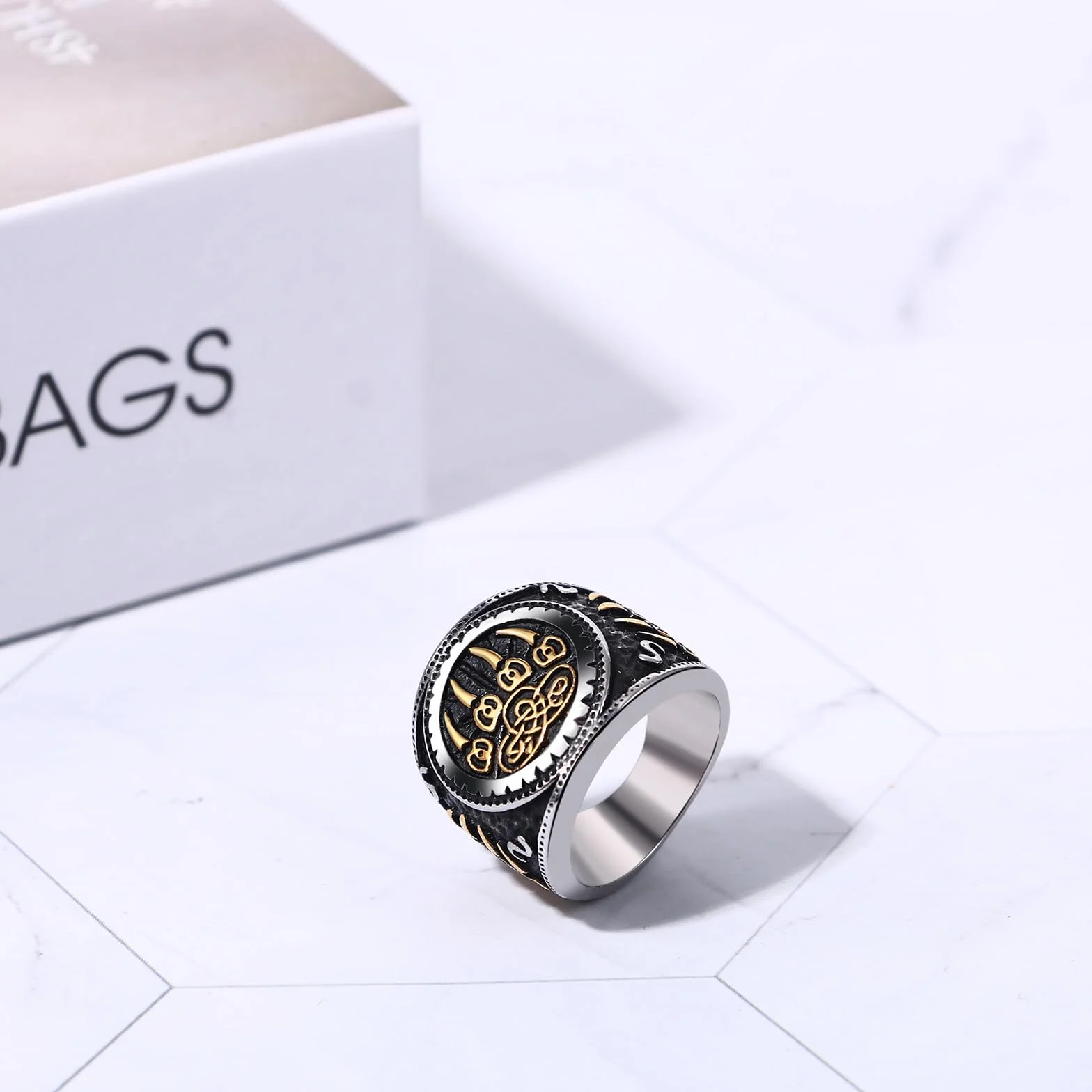 JewelryWe Pierścionek męski z pazurem niedźwiedzia Wikingów: Vintage stal szlachetna męski pierścionek nordycki miś pazur, celtycki węzeł pieczęć pierścienie na palec pierścienie na palec pierścionek