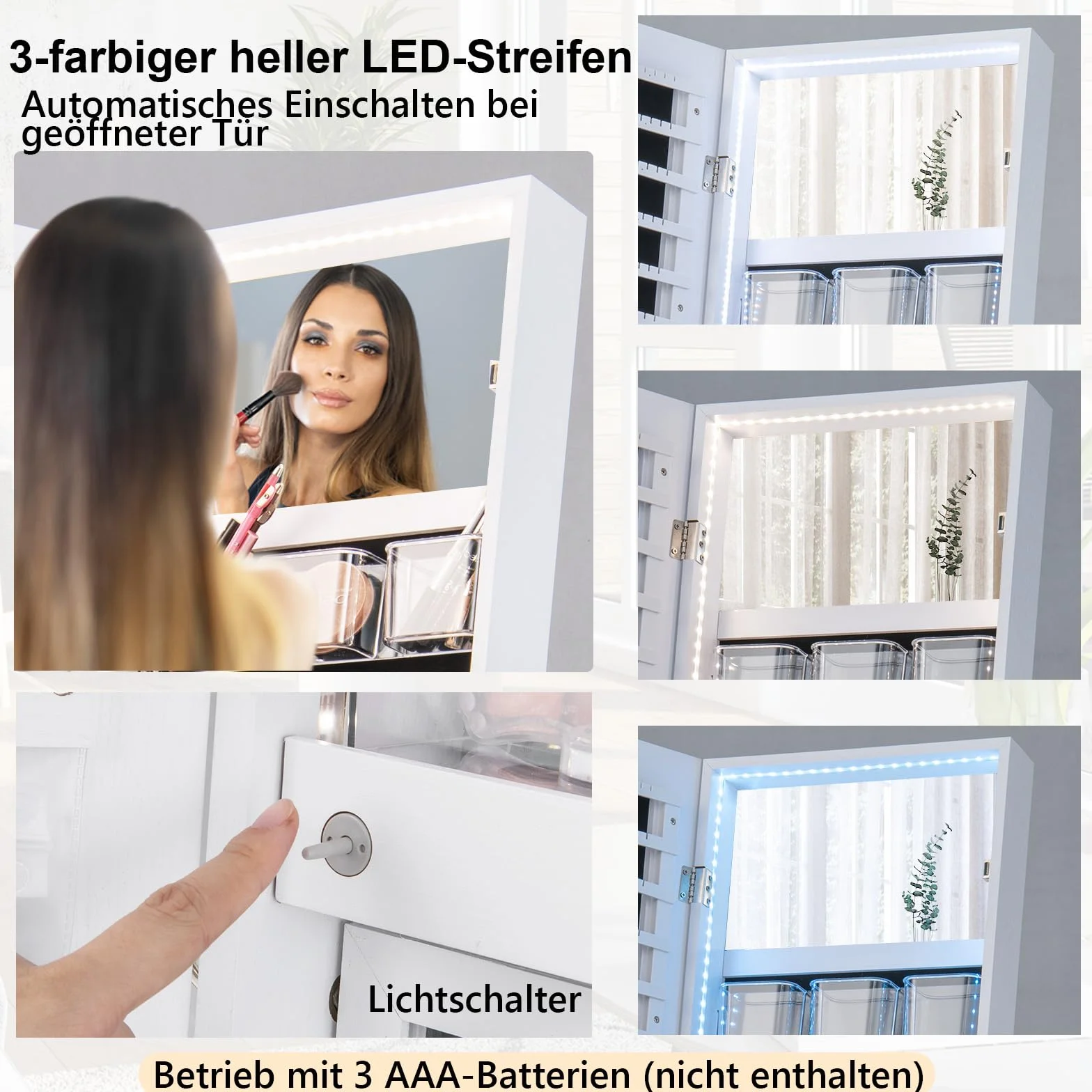 COSTWAY Szafka na biżuterię z lustrem, szafka z lustrem na biżuterię z 3-kolorowym oświetleniem LED, zamykana, dodatkowa półka, 41,5 x 37 x 157 cm (biała)