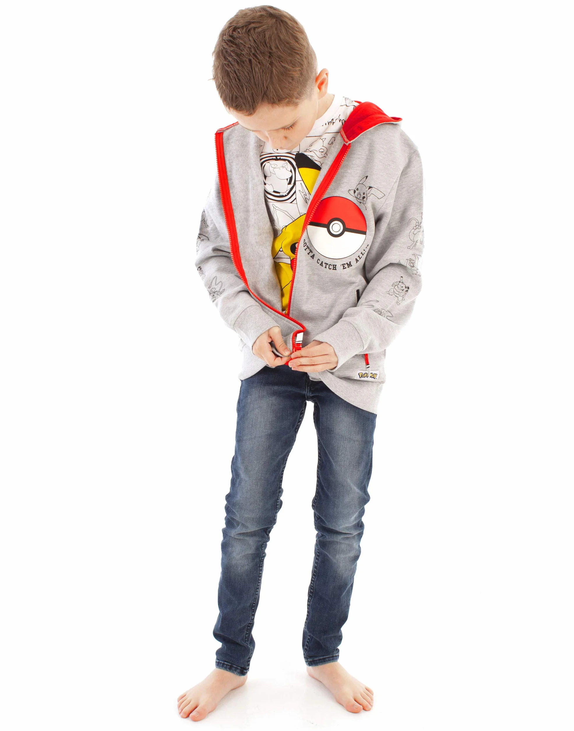 Pokemon chłopięca bluza z kapturem | Dziecięca bluza z kapturem Pokeball Gotta Catch Em All | Pikachu szaro-czerwona bluza dla dzieci | długi rękaw, bluza z kapturem i kieszenie