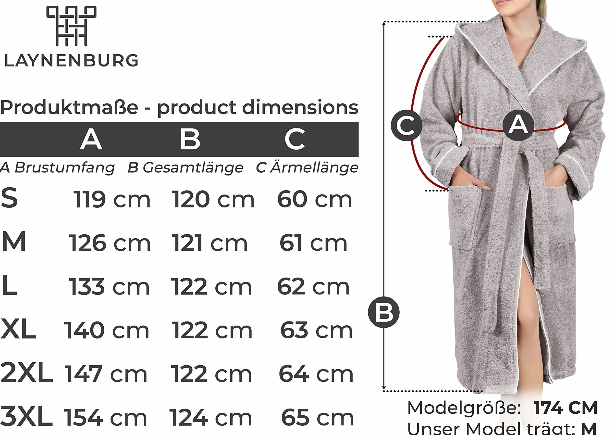 LAYNENBURG Damski szlafrok frotte - kaptur - długi - 100% bawełna (380g/m2) - OEKO TEX Standard 100 - rozmiar S, M, L, XL, XXL, 3XL