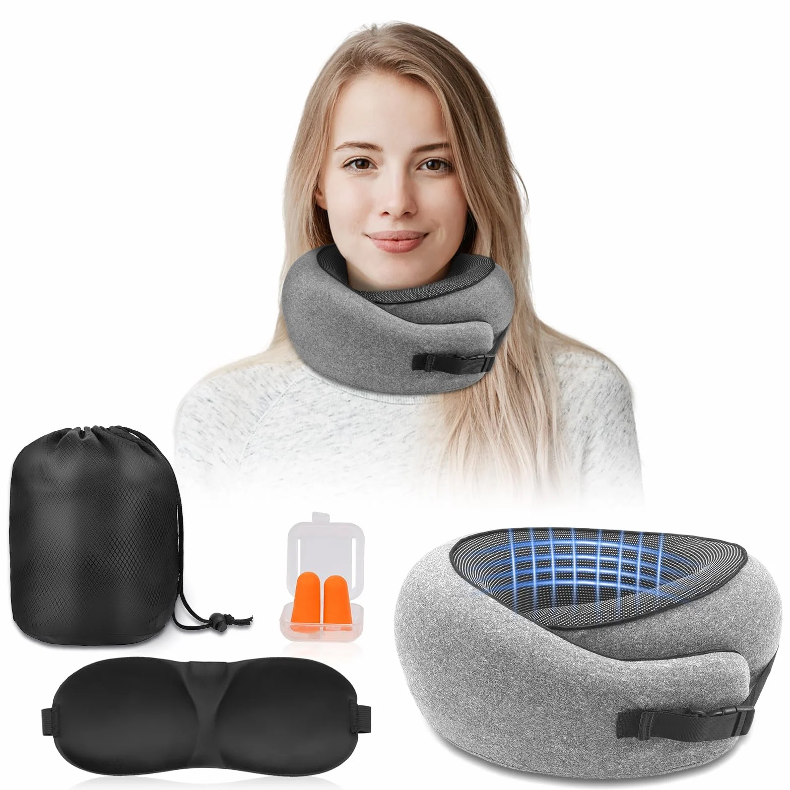flintronic Poduszka podróżna, poduszka pod kark z pianki z pamięcią kształtu, wygodna i ergonomiczna poduszka z zatyczkami do uszu, maskami na oczy, torbą do przenoszenia, poduszka podtrzymująca głowę