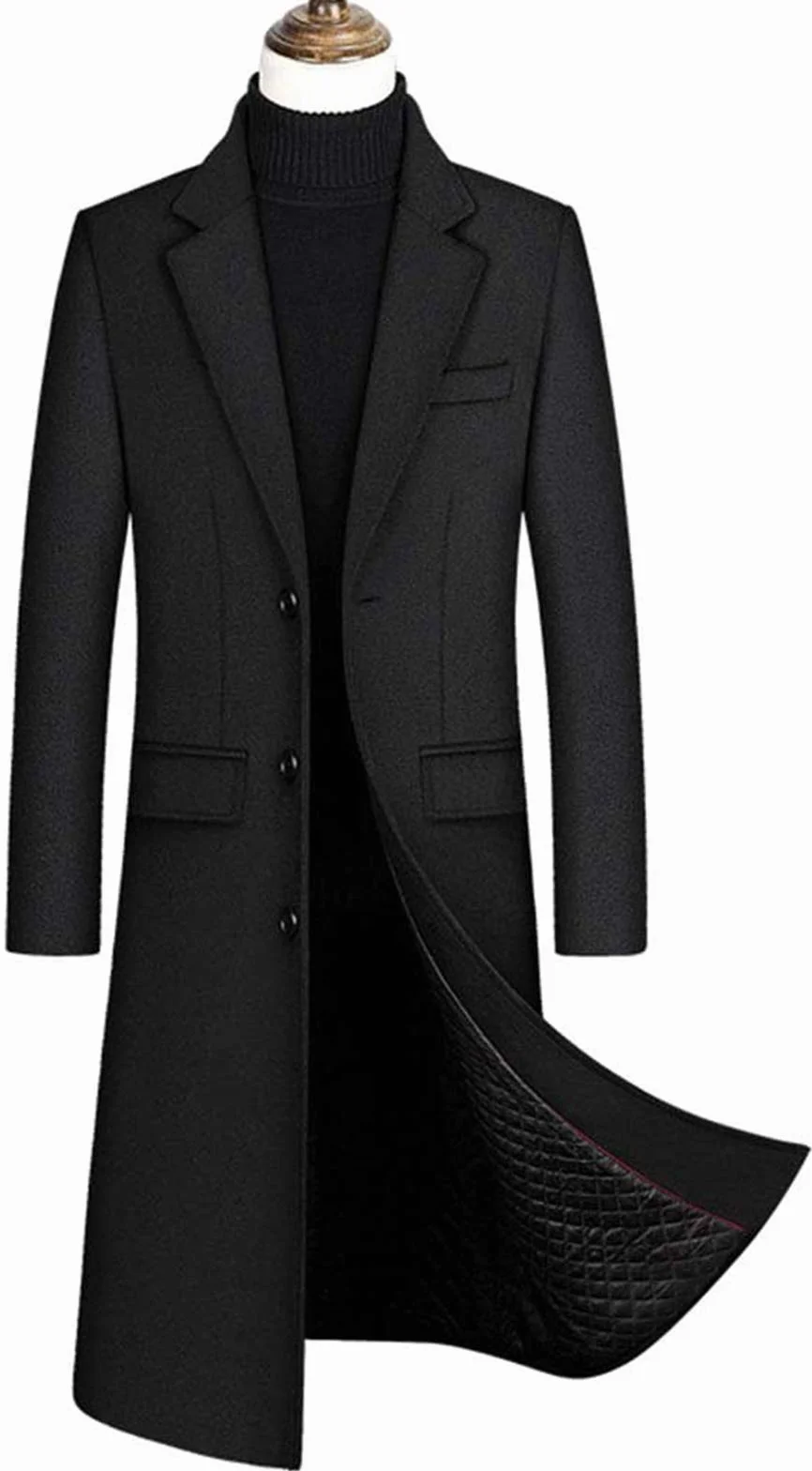 Płaszcz zimowy, męski, długi płaszcz wełniany, slim fit, dwurzędowy płaszcz męski, biznesowy, bawełna, płaszcz wełniany