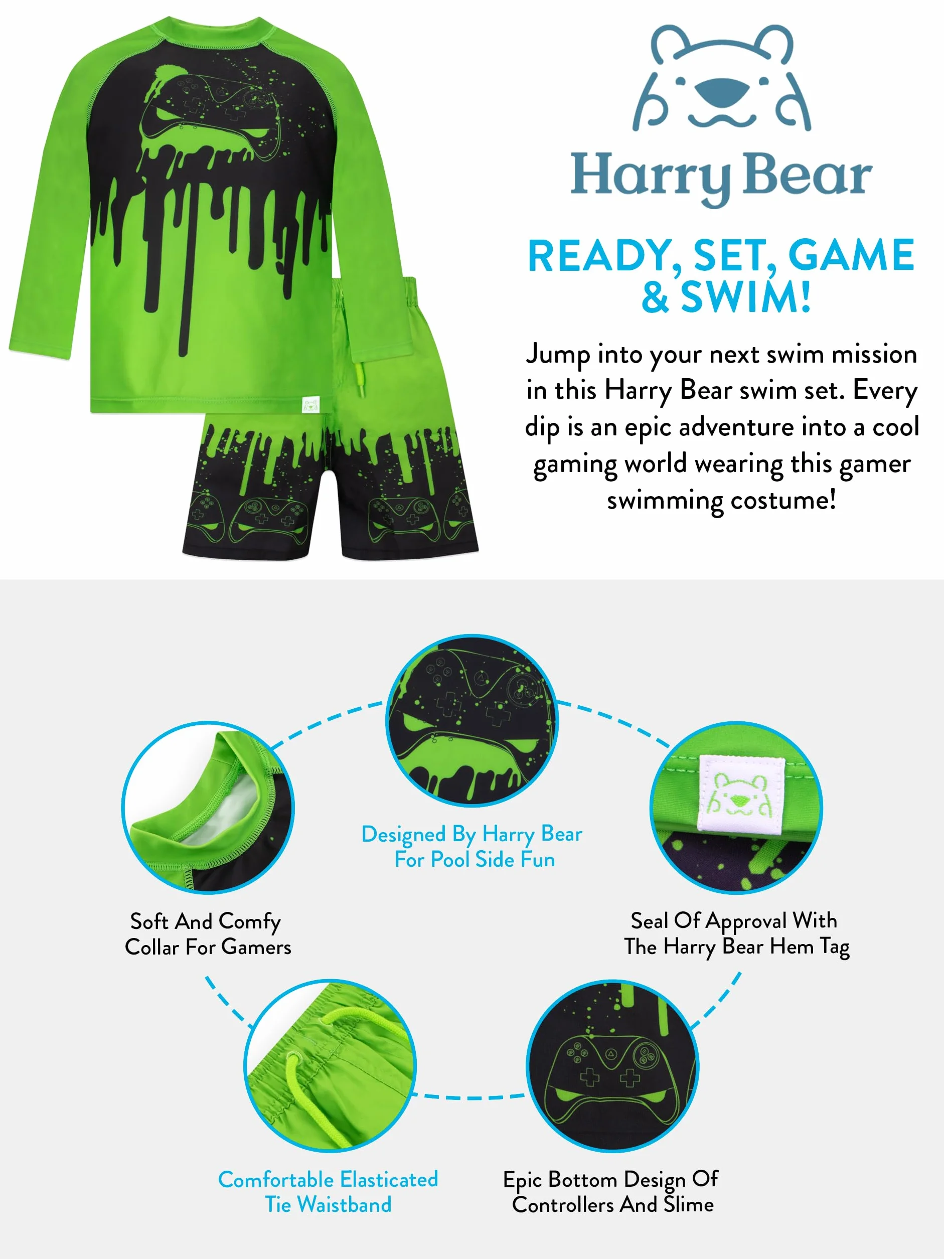 Harry Bear Badkläder för Pojkar | Gaming Badkläder för Pojkar | 2-delad Badset för Pojkar