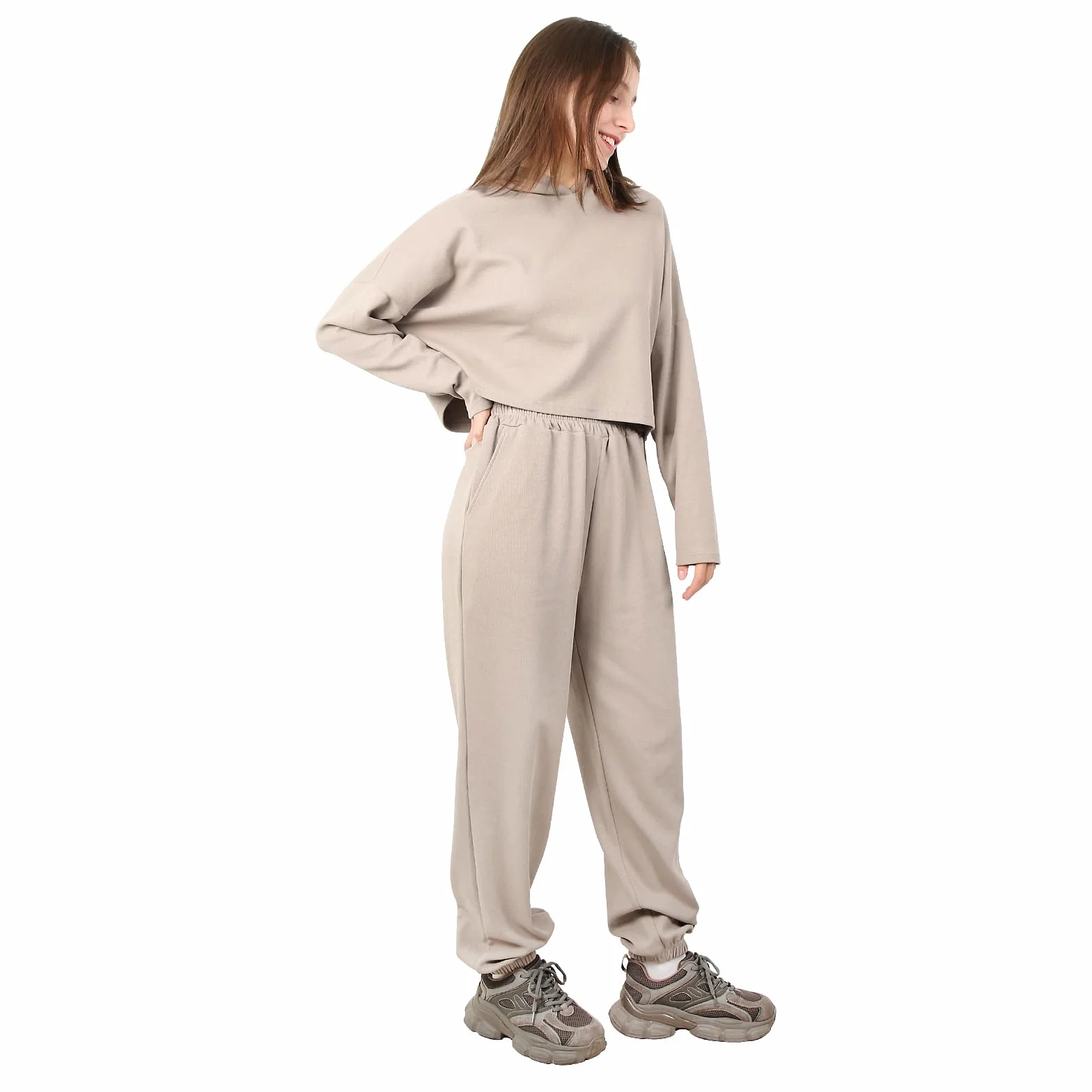 Damskie zestaw odzieży rekreacyjnej - dres z kapturem, top i spodnie khaki, wielkość M, kolor beżowy, mieszanka poliestru i bawełny, sportowy, dla kobiet, urodziny, Boże Narodzenie