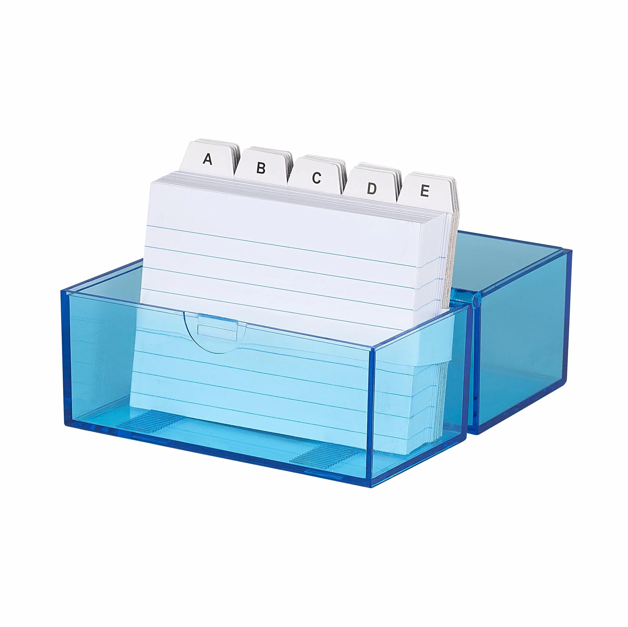 Wedo 2507303 Pudełko na fiszki DIN A7/300 poprzeczne, przezroczyste, niebieskie, łącznie z 100 fiszek (białe, w linie) i zakładkami