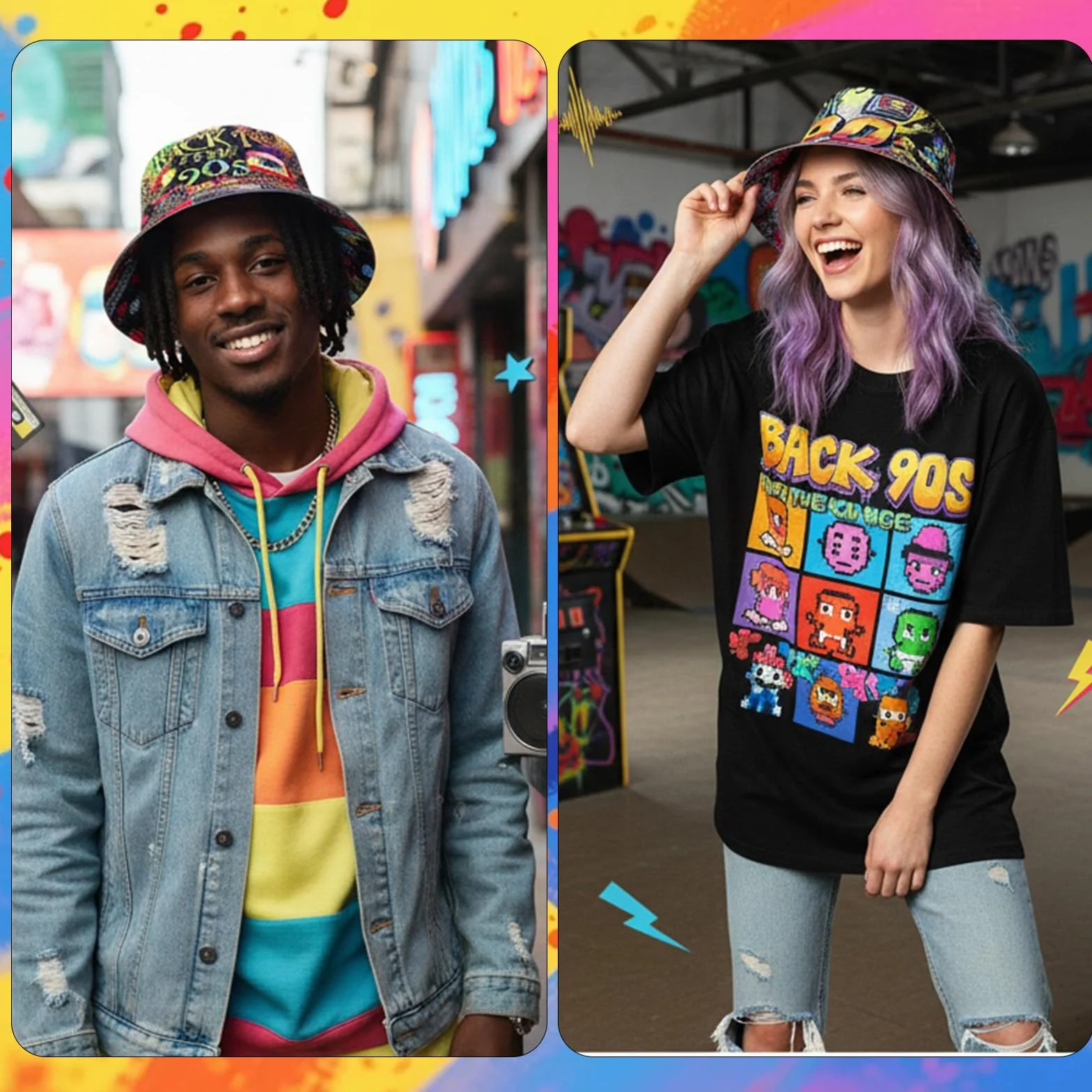 Zestaw 2 czapek rybackich w stylu lat 90., Hip Hop Bucket Hat Hat składany, dwustronny kapelusz rybacki, uniseks, retro, modne akcesoria z lat 90. dla kobiet i mężczyzn