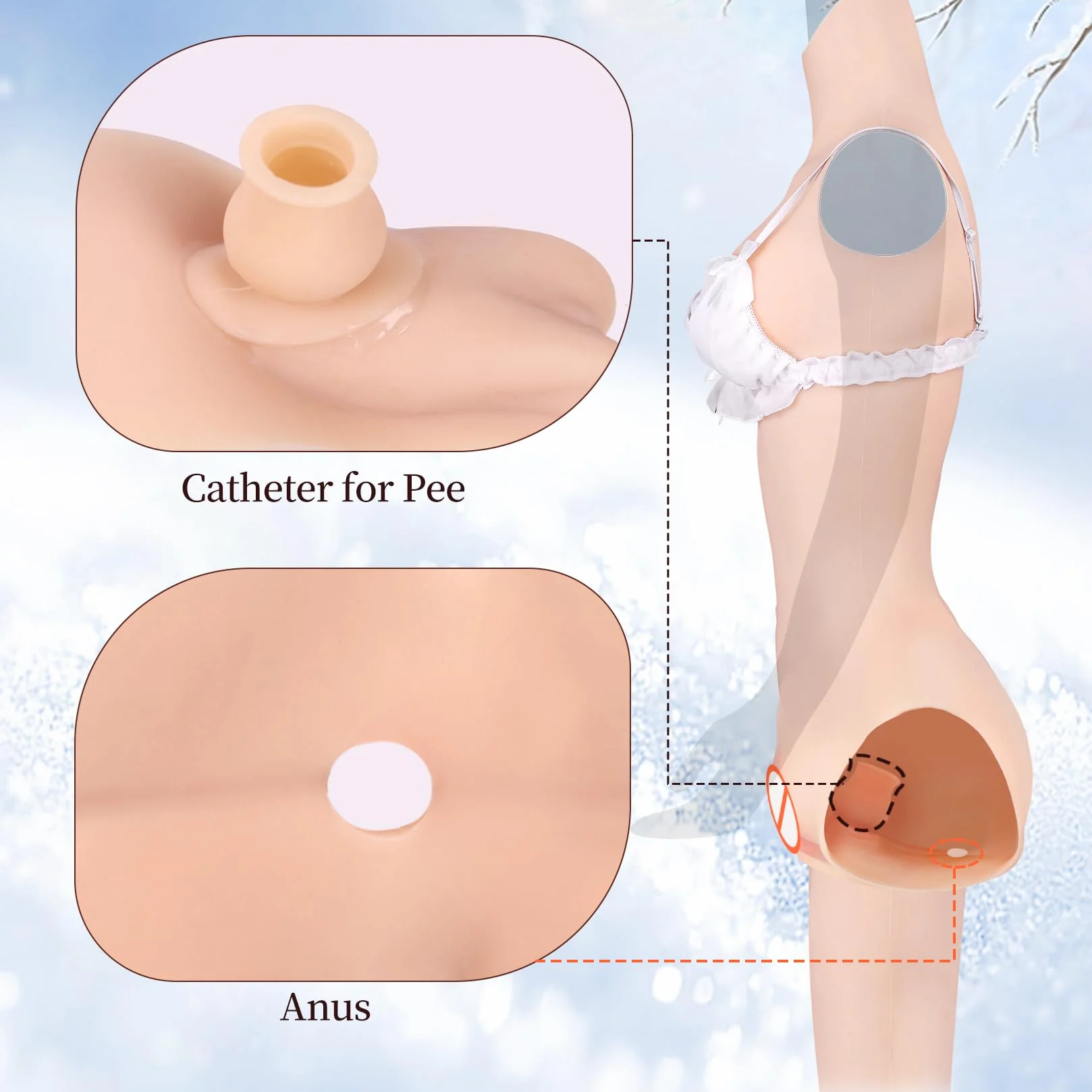 Silikonowy Body Transpłciowy Styl Spodnie 7/8 z Dekoltem Okrągłym Kobieca Sylwetka z Sztuczną Rurką i Otworem do Długotrwałego Użytkowania