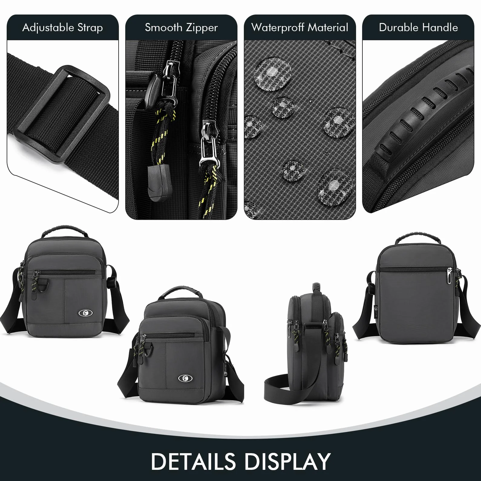 BAGZY Męska Nylon Wodoodporna Torba na Ramię dla 9,7-Calowy IPAD, Saszetka Krocząca, Etui do Telefon, Męska Torba Codzienna z Regulowanym Paskiem na Ramię do Biura/Studiów/Podróży