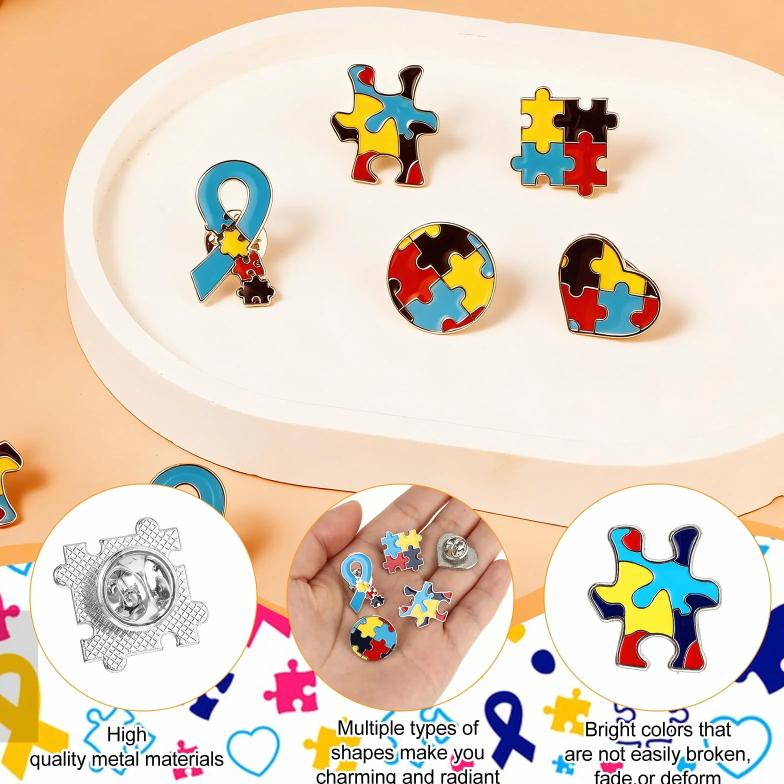 10 sztuk przypinek z autyzmem, świadomość autyzmu, prezent dla autyzmu, puzzle, broszki, metalowe, świadomość autyzmu, inspirujące symbole znaczka do kurtek, ubrań, koszul, 10 sztuk