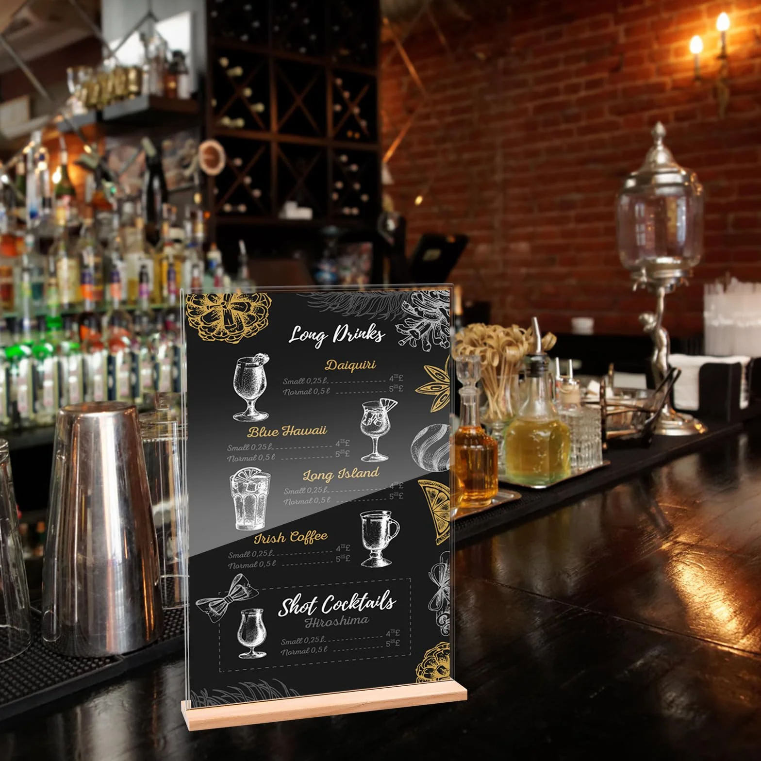2 sztuki akrylowych ekspozytorów A4, tabliczki cenowe, przezroczyste w kształcie litery T, A4 z drewnianą podstawą cokołową, na prospekty, karty menu, reklamy, ramki na zdjęcia, plakat