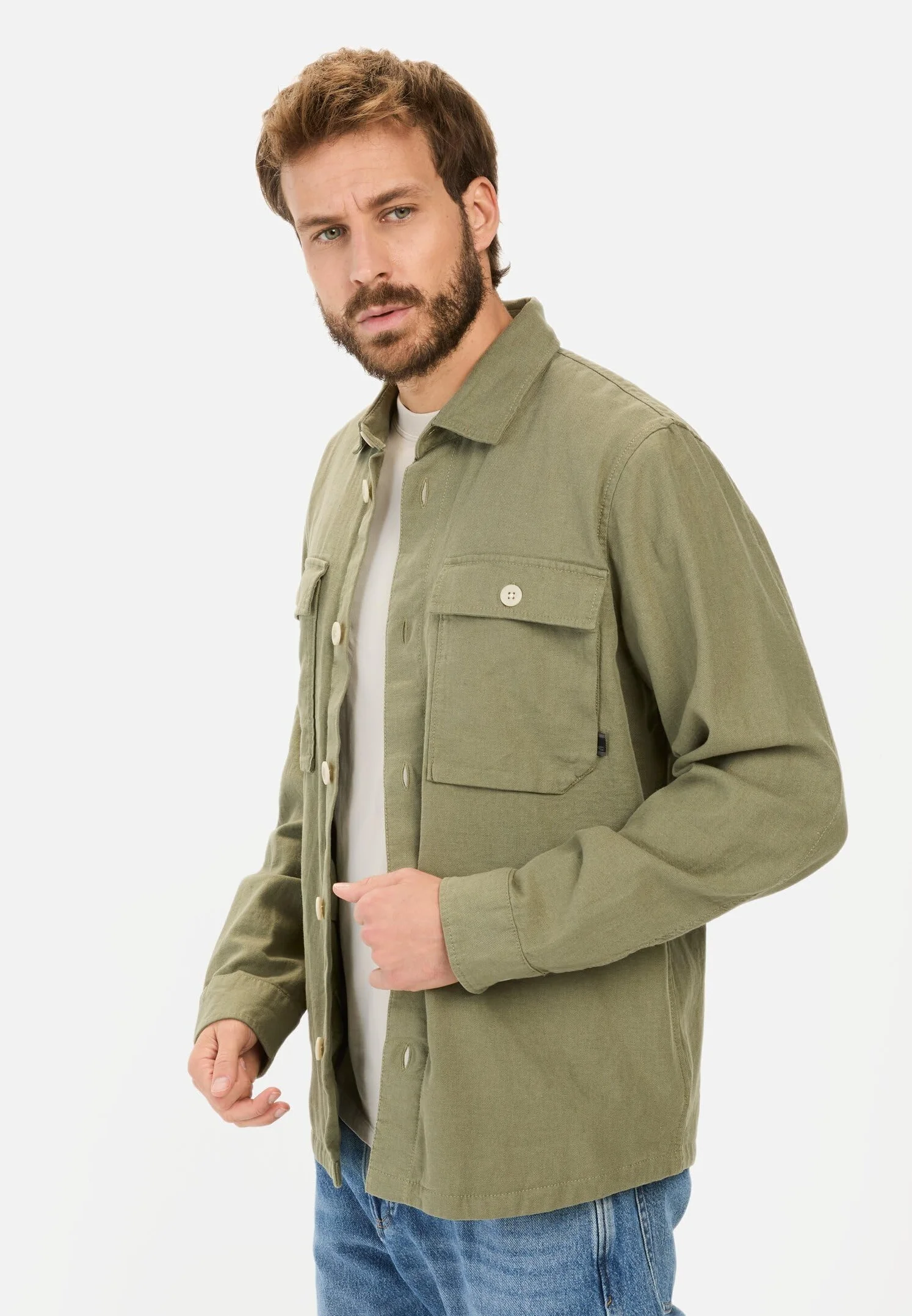 camel active Męski overshirt z mieszanki lnu i bawełny, ciemnozielony, M