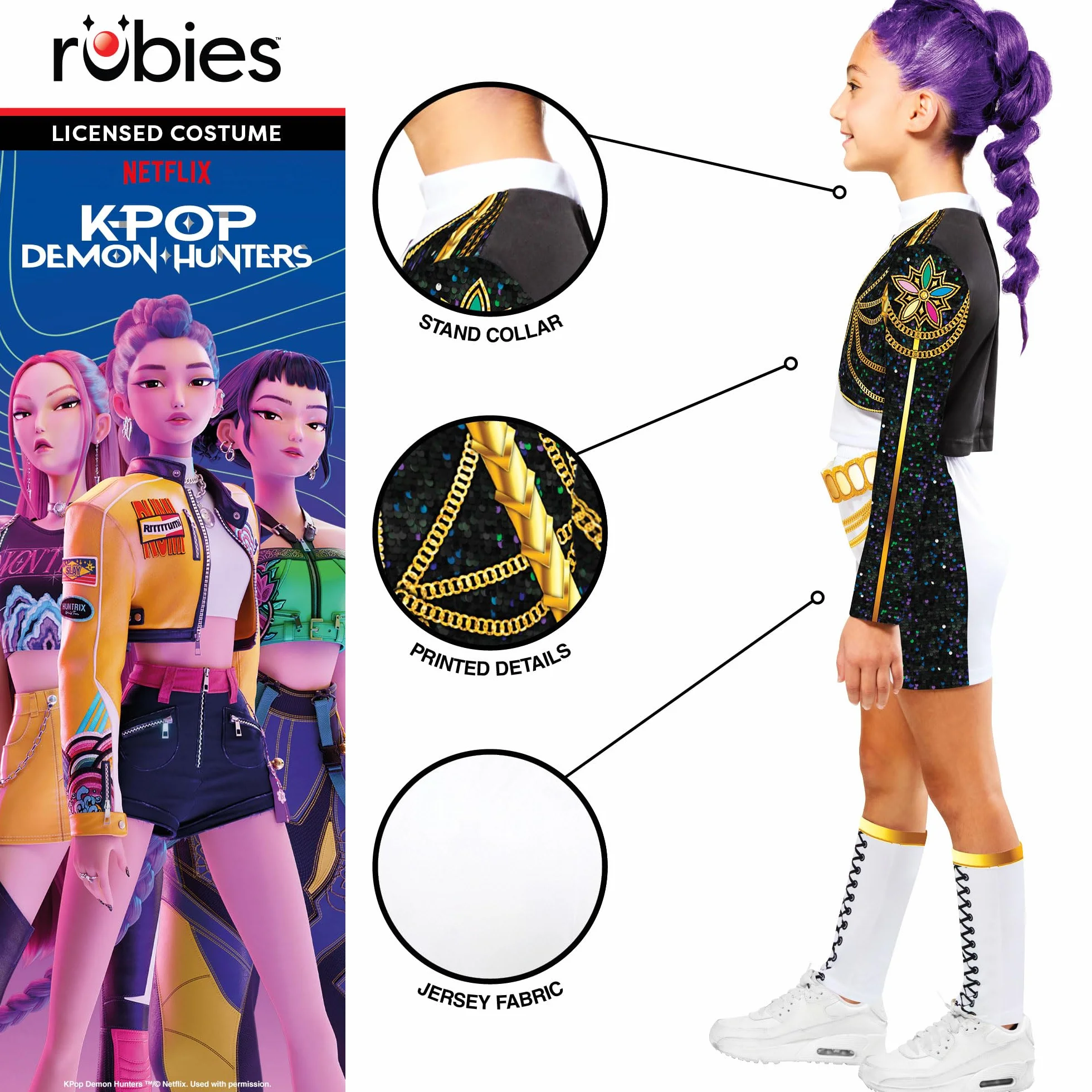 Rubies Kostium KPOP Rumi Złoty HYBRID dla dziewcząt, dziewcząt, k-popu, Rumi Netflix, topy, kurtka i szorty, skarpetki, oficjalnie licencjonowany Netflix, huntrix, karnawał, imprezy i cosplay