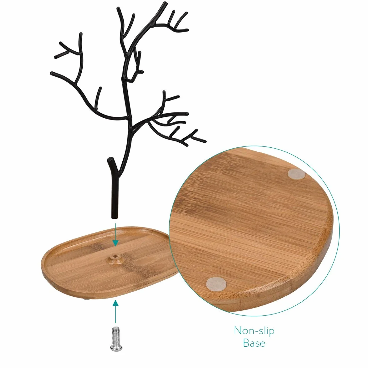 Navaris 45615.01 drzewko na biżuterię z drewna i metalu, stojak na biżuterię, na łańcuszki, kolczyki, pierścionki, dekoracja do przechowywania biżuterii, stop metalowy, czarny