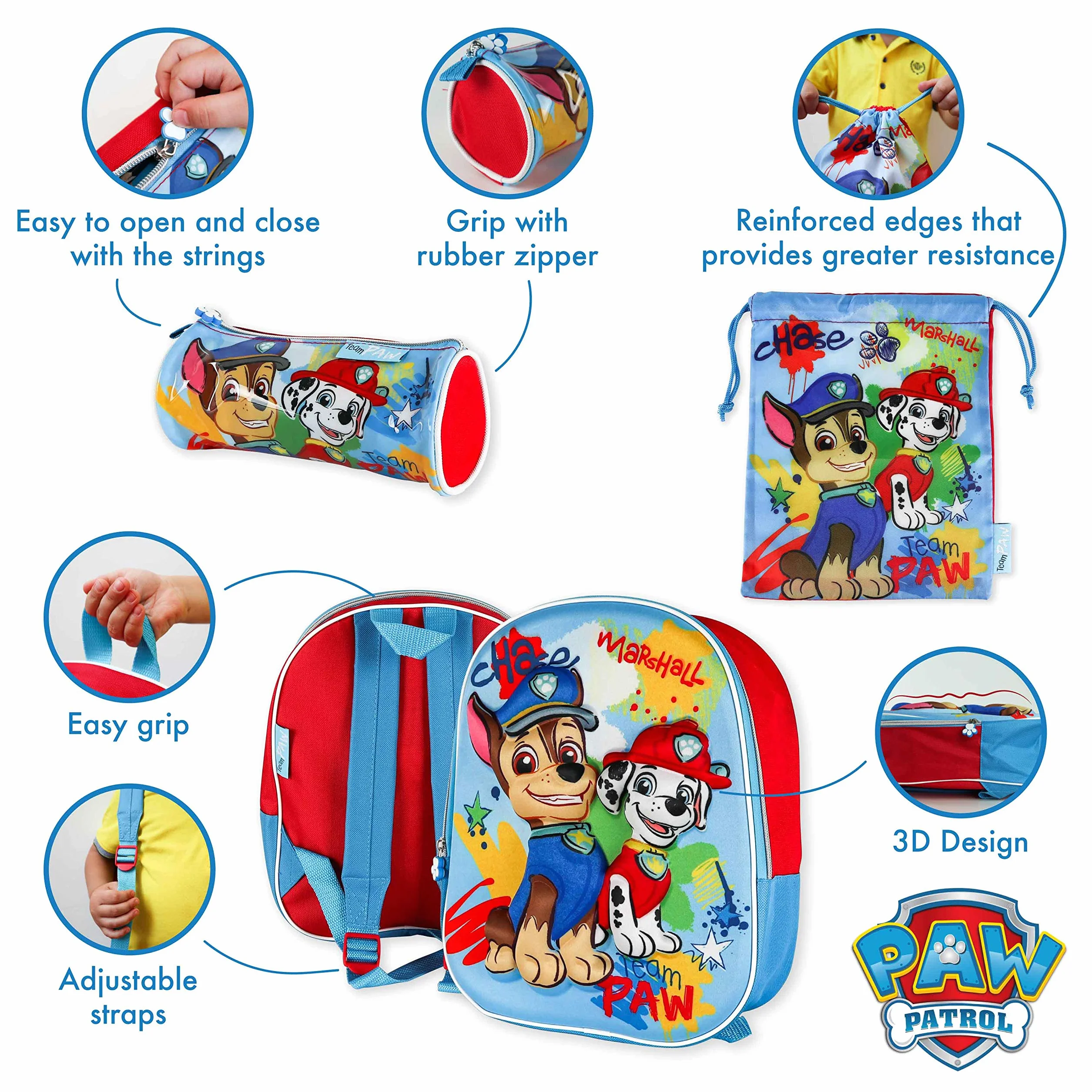 Tornister szkolny 3D, torba ze sznurkiem, piórnik - Paw Patrol | Tornister dla chłopców i dziewczynek od 3 lat | Tornister z plecakiem, torbą na lunch, piórnikiem | Powrót do szkoły z Paw Patrol