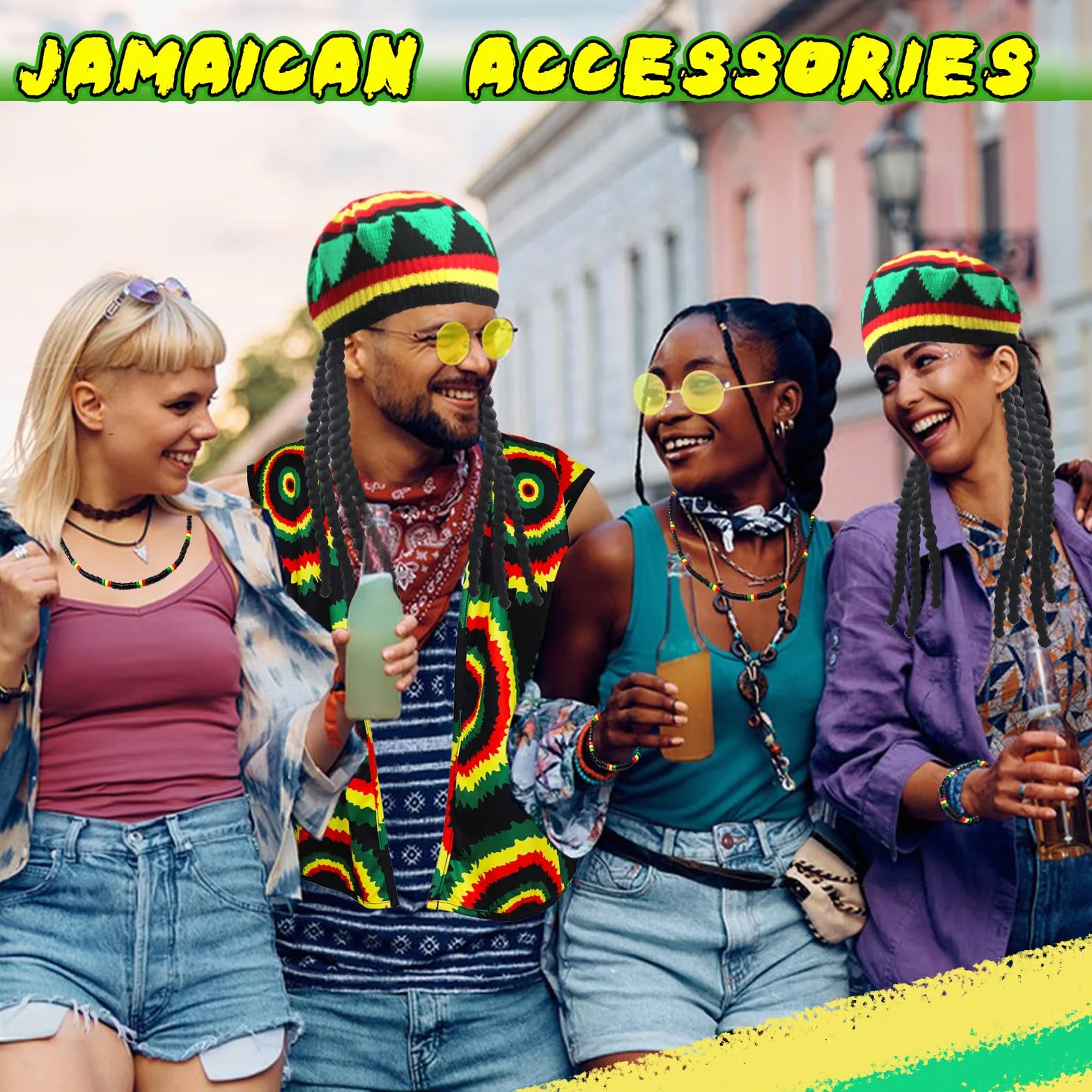 Zestaw akcesoriów do kostiumów Rasta 5 sztuk z czapką peruka Jamajka Reggae batik T-Shirt okulary przeciwsłoneczne pleciony naszyjnik bransoletka